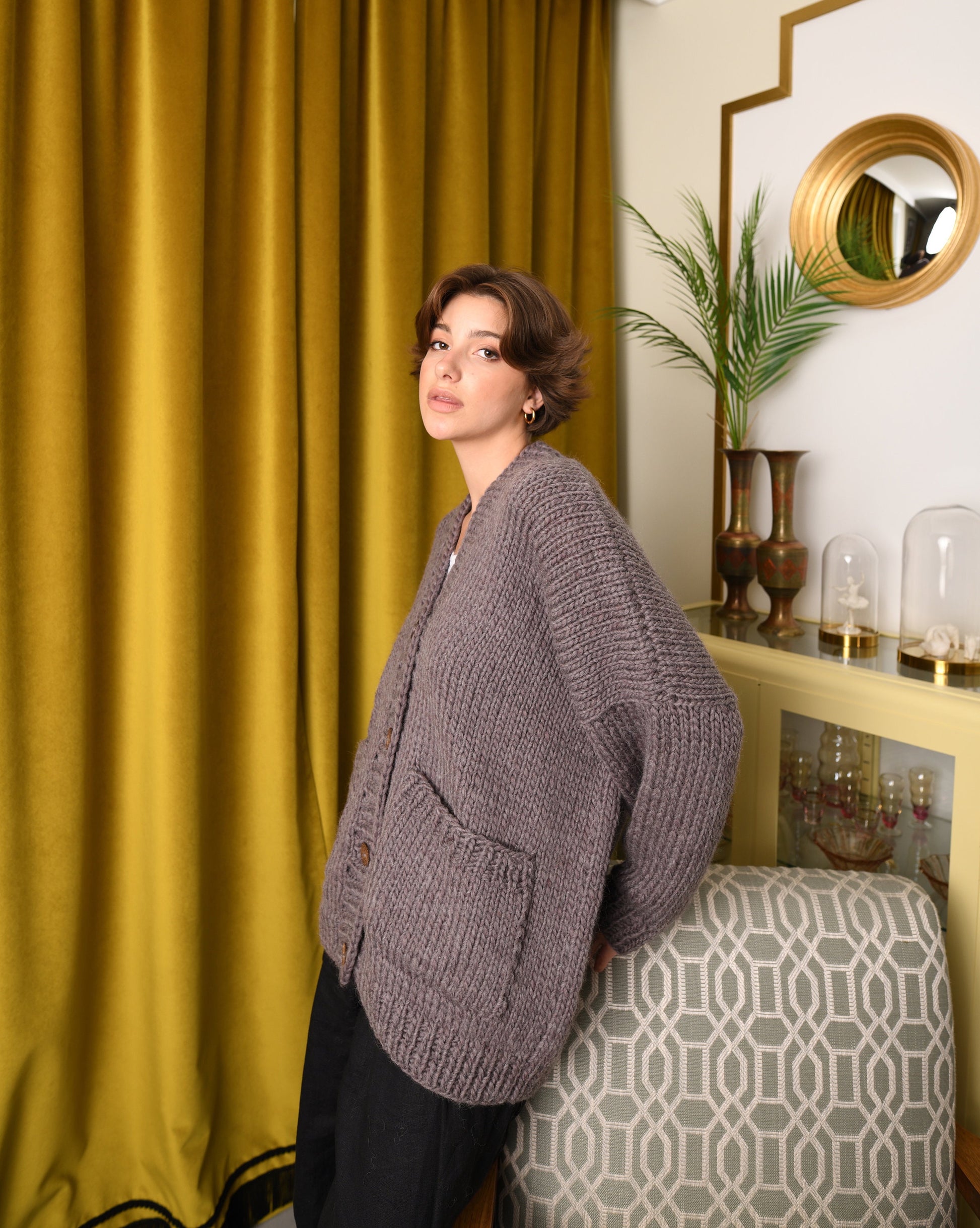 Brown Wool Cardigan With Buttons And Deep Pockets, Mocha Beige Oversized Cardigan, Minimalist Chunky Cardigan, Cable Knit Cardigan For Women