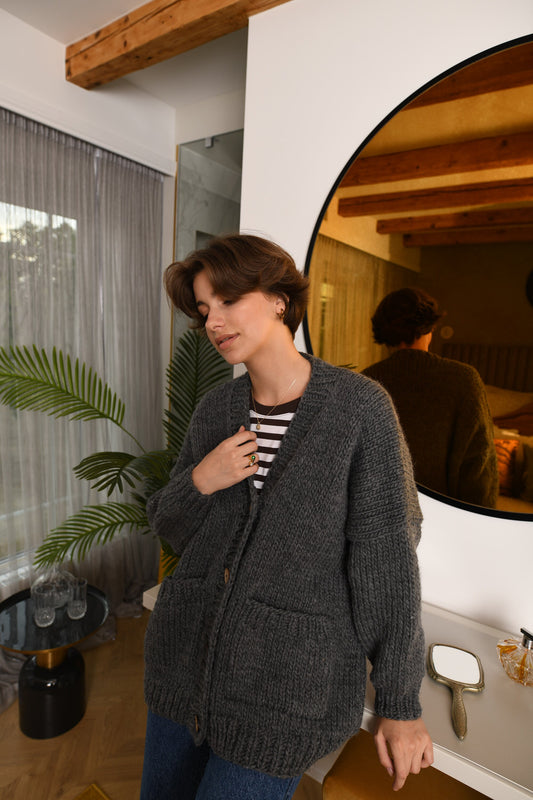 Gray Wool Cardigan With Buttons And Deep Pockets, Dark Grey Oversized Cardigan, Minimalist Chunky Cardigan, Cable Knit Cardigan For Women