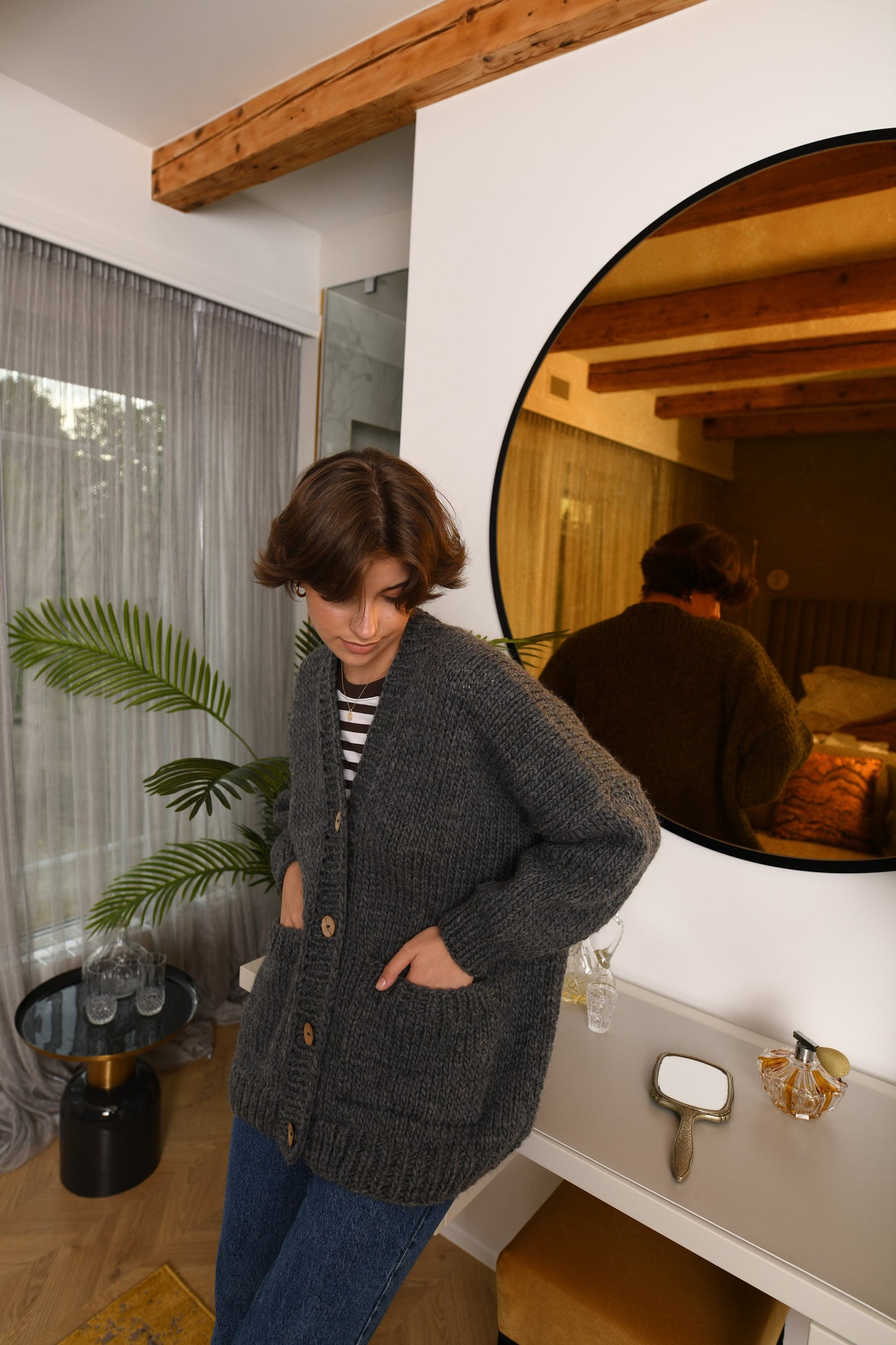Gray Wool Cardigan With Buttons And Deep Pockets, Dark Grey Oversized Cardigan, Minimalist Chunky Cardigan, Cable Knit Cardigan For Women