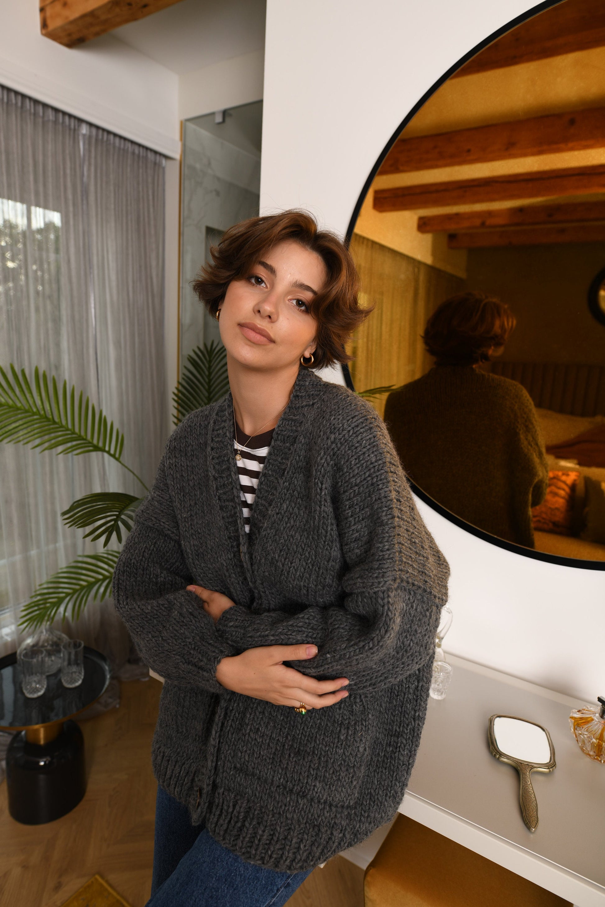 Gray Wool Cardigan With Buttons And Deep Pockets, Dark Grey Oversized Cardigan, Minimalist Chunky Cardigan, Cable Knit Cardigan For Women
