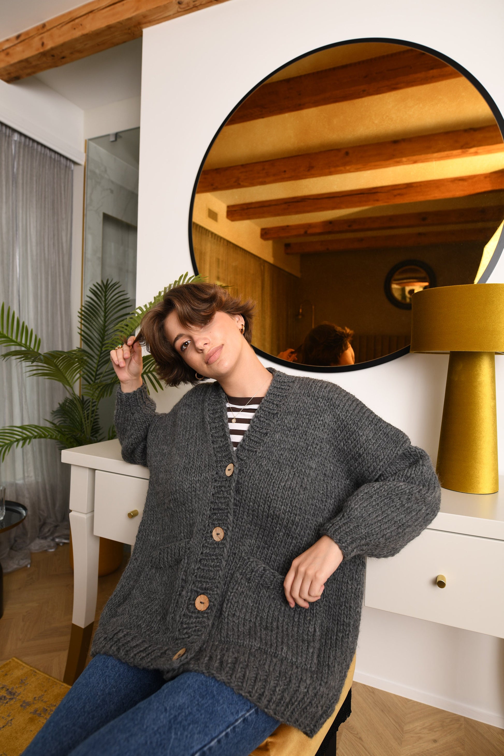 Gray Wool Cardigan With Buttons And Deep Pockets, Dark Grey Oversized Cardigan, Minimalist Chunky Cardigan, Cable Knit Cardigan For Women