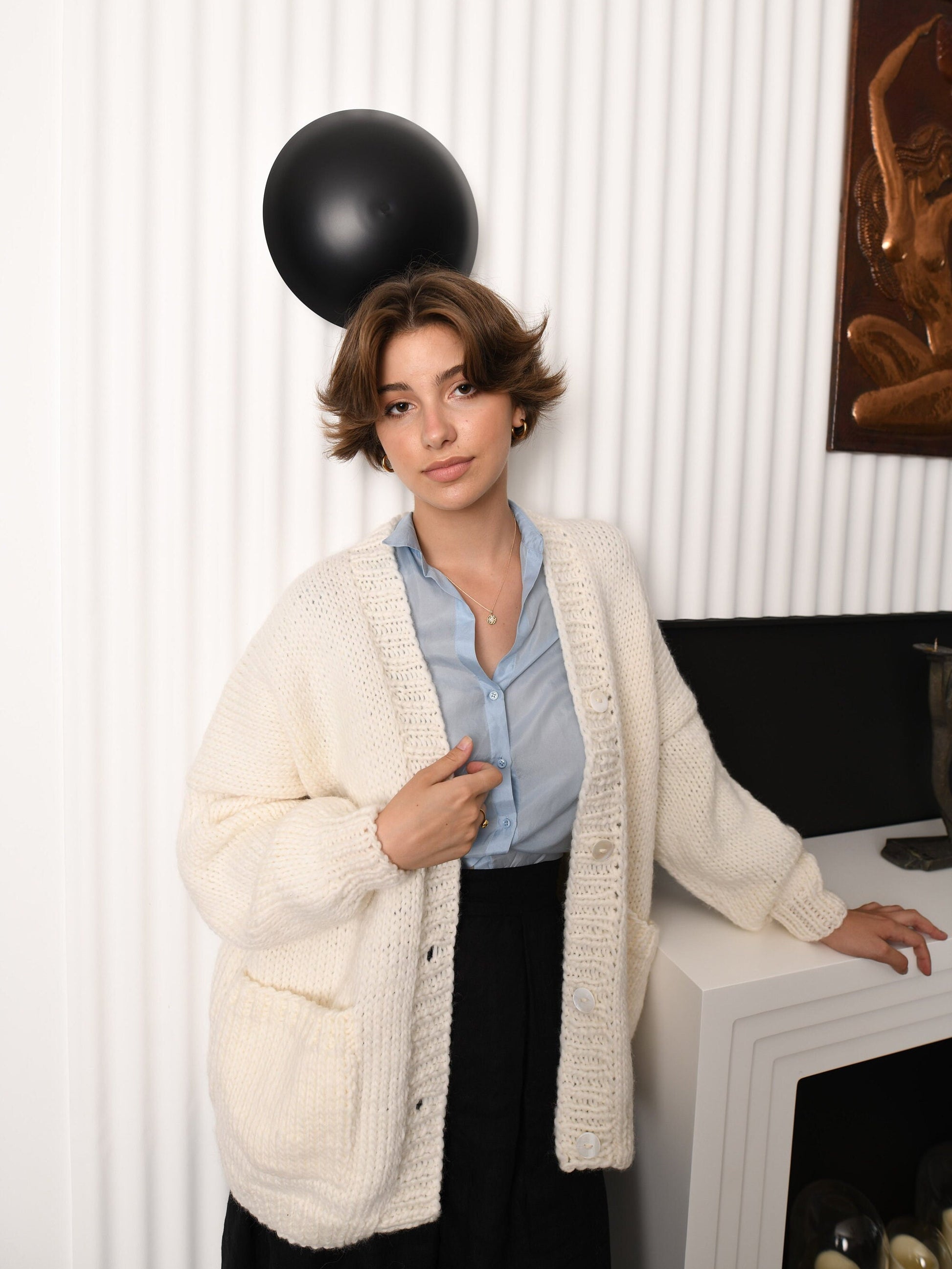 White Wool Cardigan With Buttons And Deep Pockets, Snow White Oversized Cardigan, Minimalist Chunky Cardigan, Cable Knit Cardigan For Women