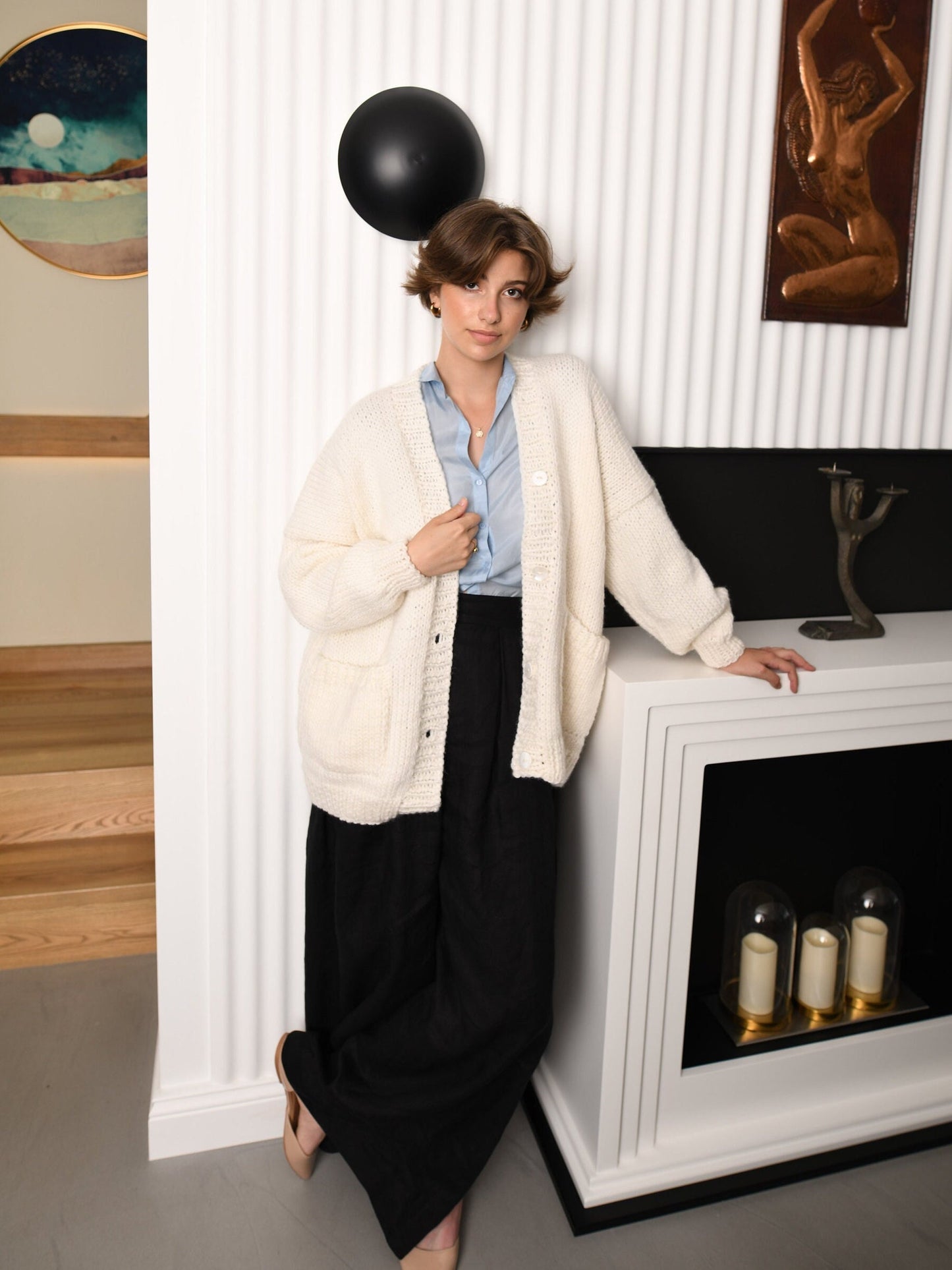 White Wool Cardigan With Buttons And Deep Pockets, Snow White Oversized Cardigan, Minimalist Chunky Cardigan, Cable Knit Cardigan For Women