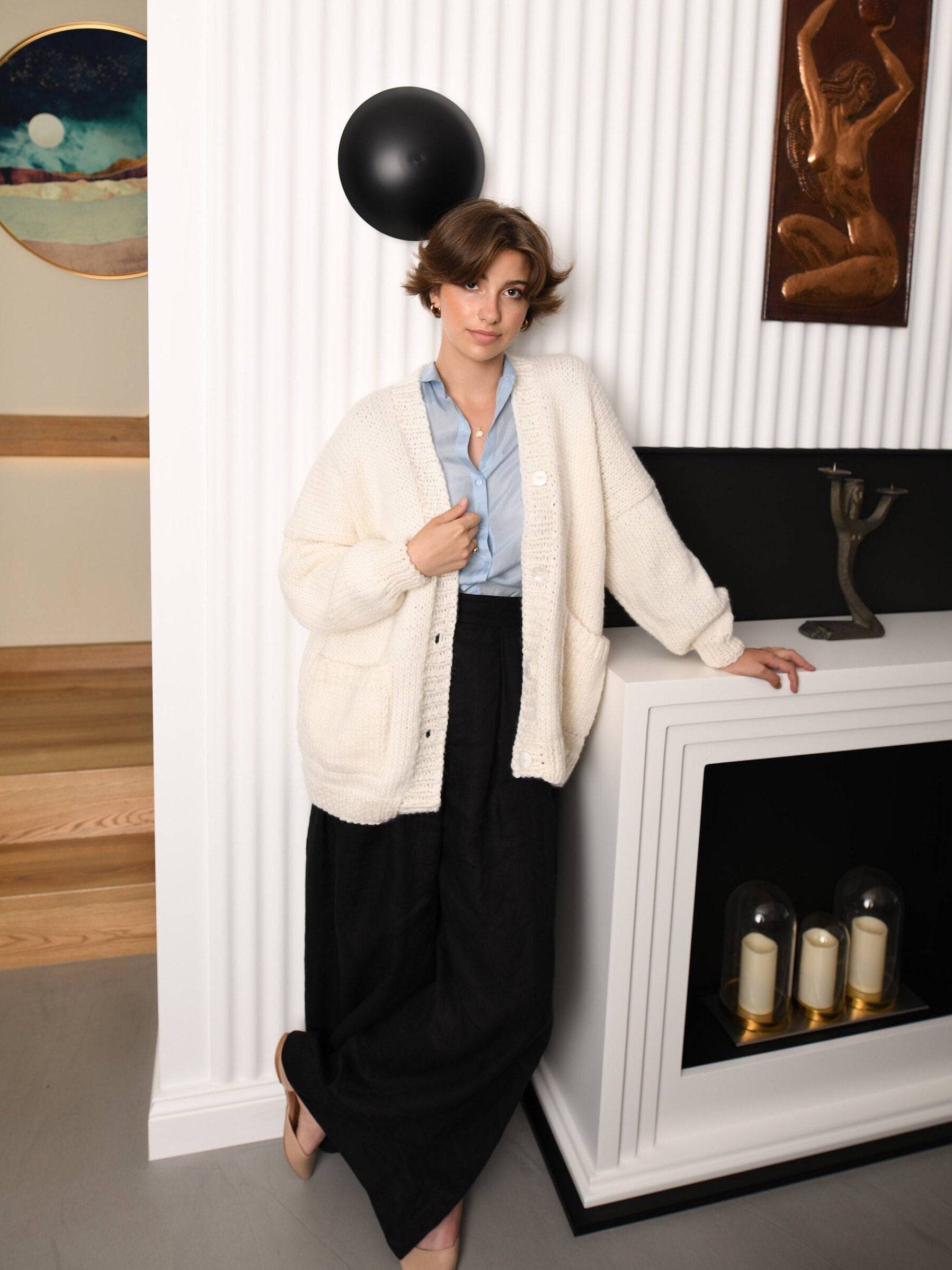 White Wool Cardigan With Buttons And Deep Pockets, Snow White Oversized Cardigan, Minimalist Chunky Cardigan, Cable Knit Cardigan For Women