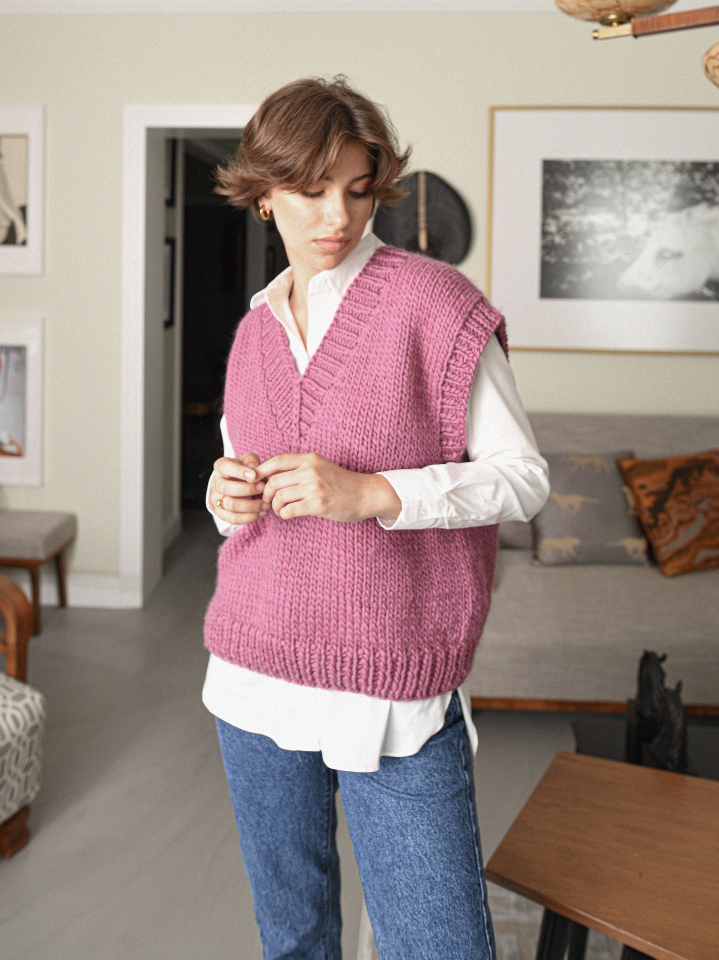Old Pink Knit Sweater Vest, Cable Knit Wool Top, Chunky Knit Gilet For Women, Ladies Relax V Neck Top, Weste Damen, Strickweste, Knitted