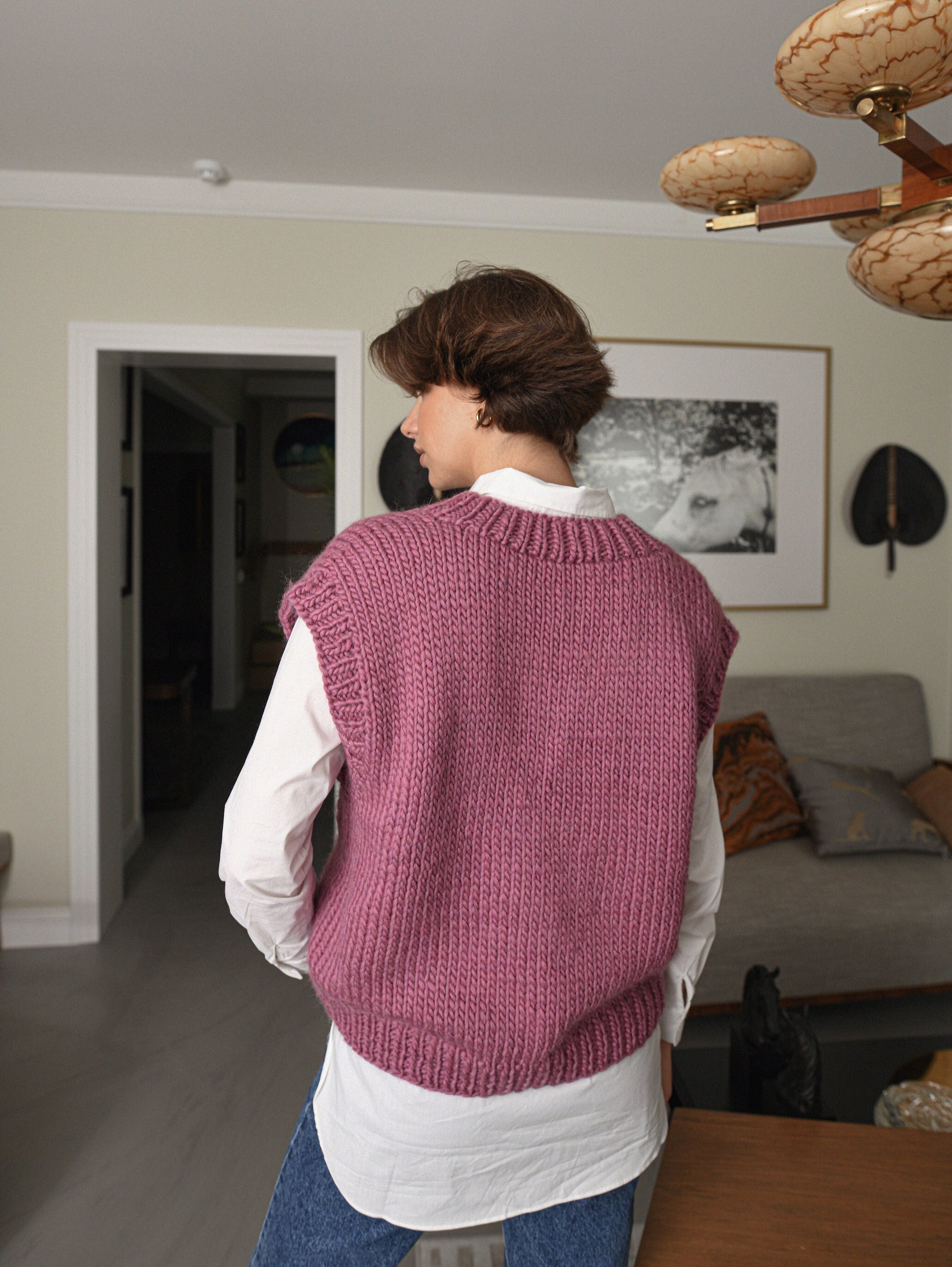 Old Pink Knit Sweater Vest, Cable Knit Wool Top, Chunky Knit Gilet For Women, Ladies Relax V Neck Top, Weste Damen, Strickweste, Knitted