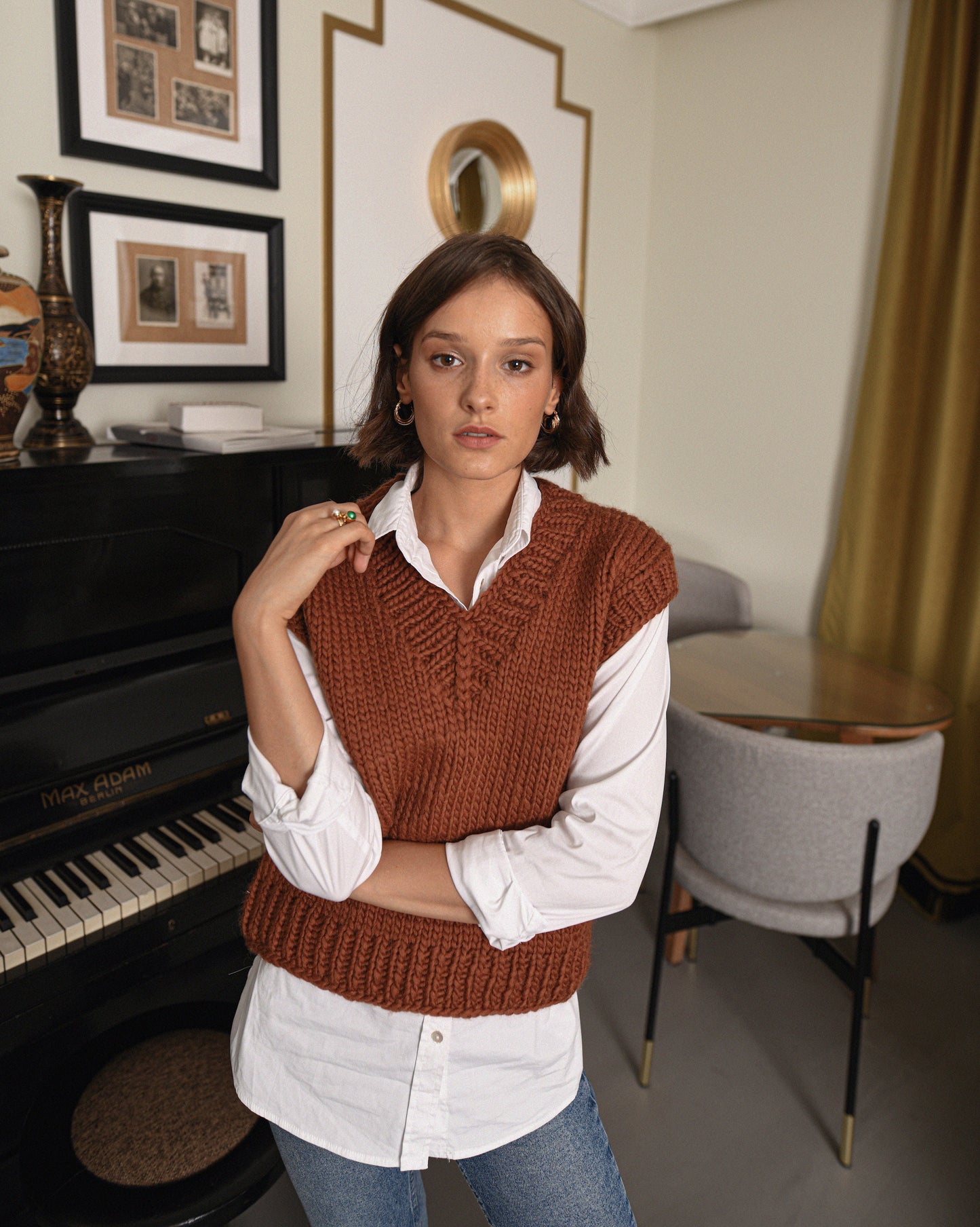 Rust Knit Sweater Vest, Burned Orange Cable Knit Wool Top, Ginger Chunky Knit Gilet For Women, Bronze V Neck Top, Weste Damen, Strickweste