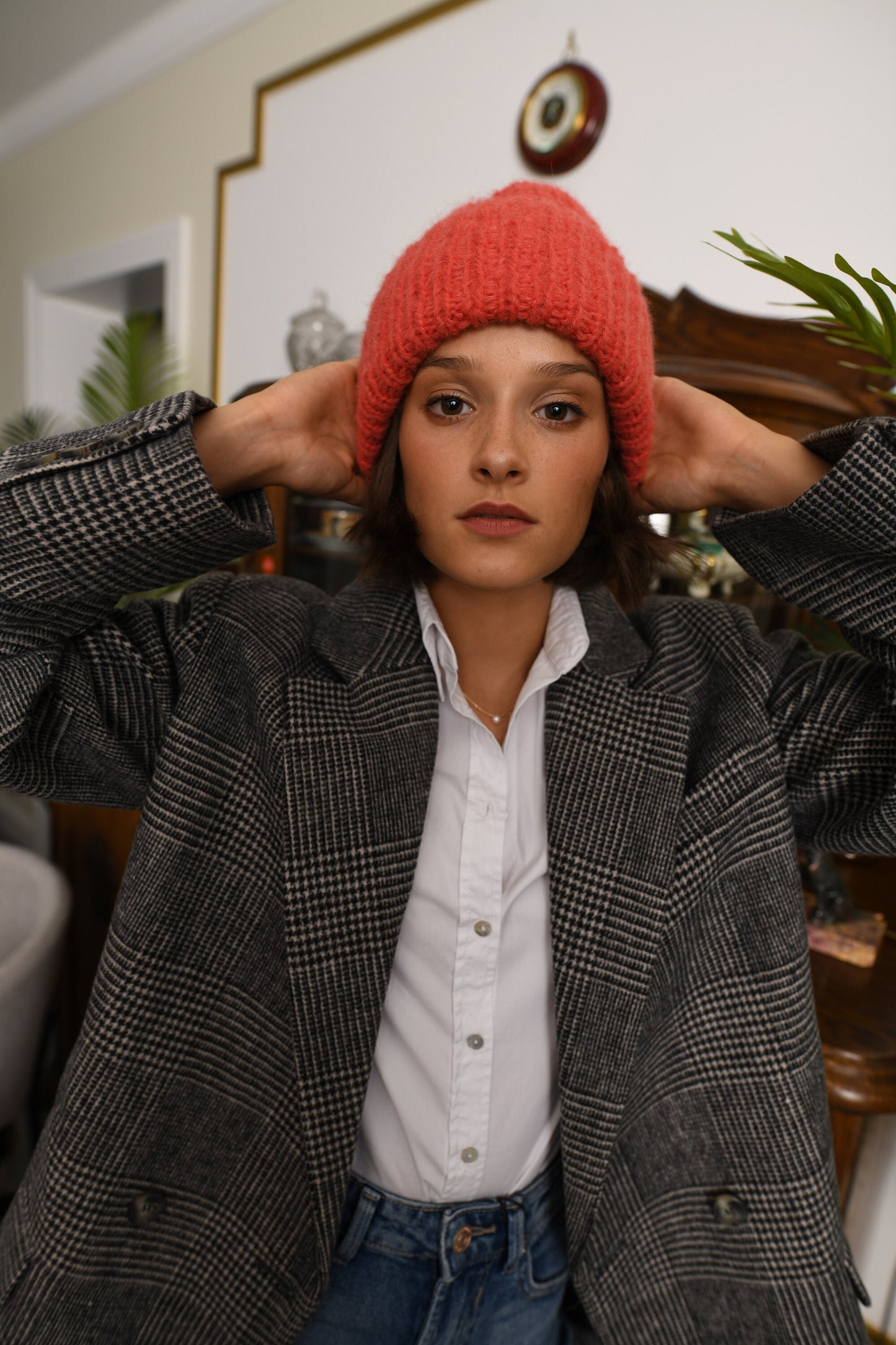 Coral pink cable knit alpaca hat, peach pink woman knitted cap, winter wool beanie, salmon red rib knit ribbed beanie, gift for Christmas