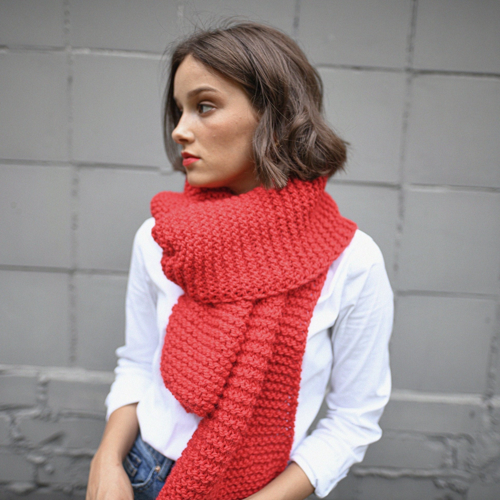 Christmas red alpaca scarf, rose red chunky knit long wool scarf, oversize cable knit neck warmer, knitted shawl, blanket unisex scarves