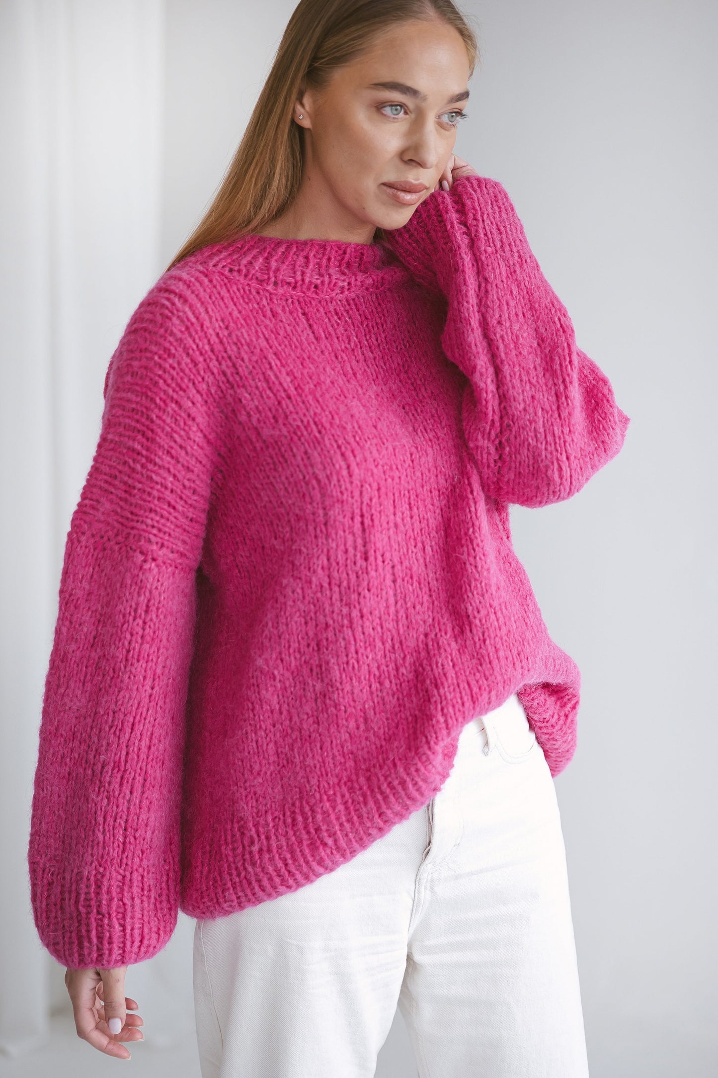 Pink Oversized Sweater, Cerise Red Knitted Jumper, Rose Pink Cable Knit Alpaca Wool Pullover, Magenta Chunky Knit Women Jersey, Gift For Her