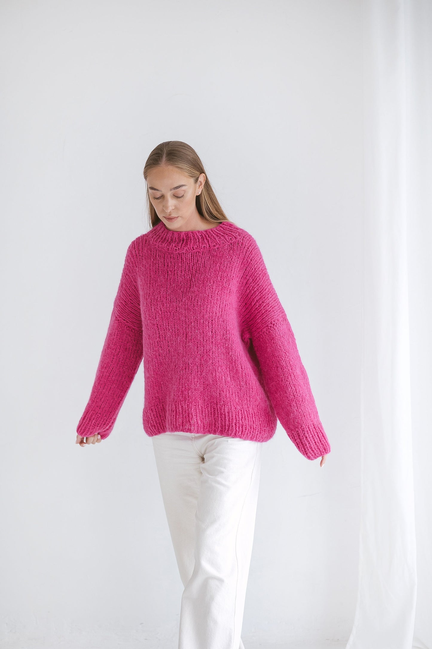 Pink Oversized Sweater, Cerise Red Knitted Jumper, Rose Pink Cable Knit Alpaca Wool Pullover, Magenta Chunky Knit Women Jersey, Gift For Her