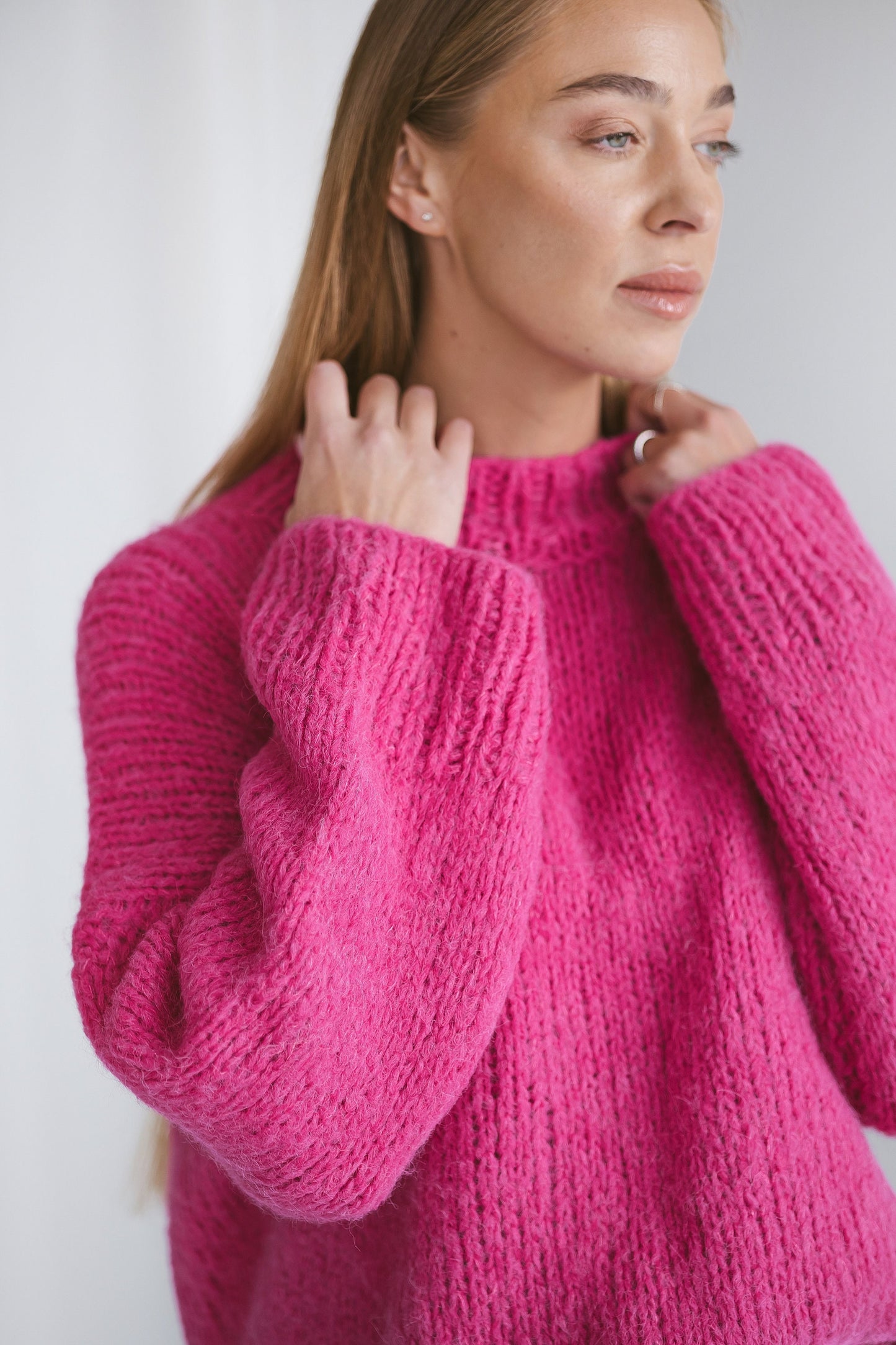 Pink Oversized Sweater, Cerise Red Knitted Jumper, Rose Pink Cable Knit Alpaca Wool Pullover, Magenta Chunky Knit Women Jersey, Gift For Her