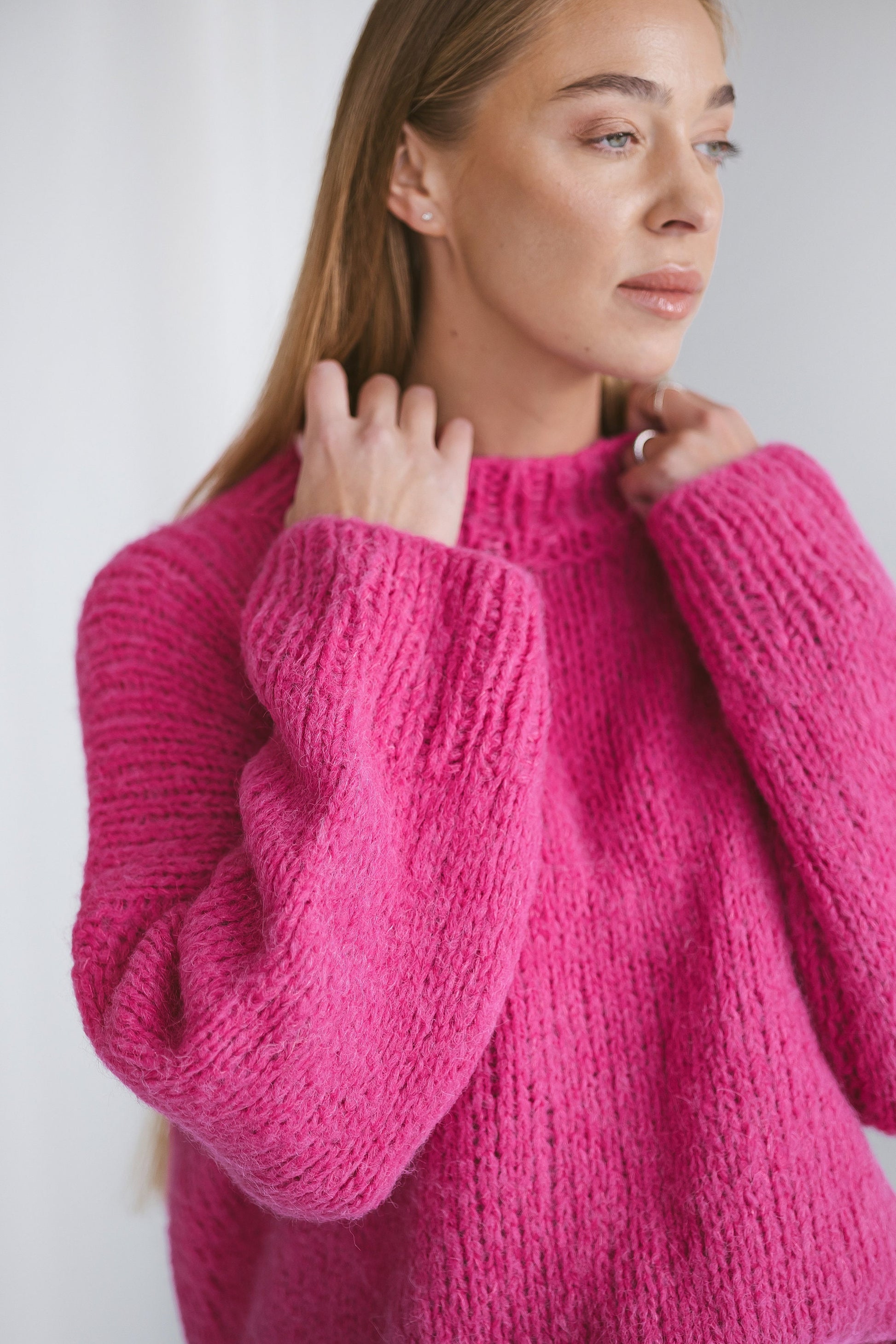 Pink Oversized Sweater, Cerise Red Knitted Jumper, Rose Pink Cable Knit Alpaca Wool Pullover, Magenta Chunky Knit Women Jersey, Gift For Her