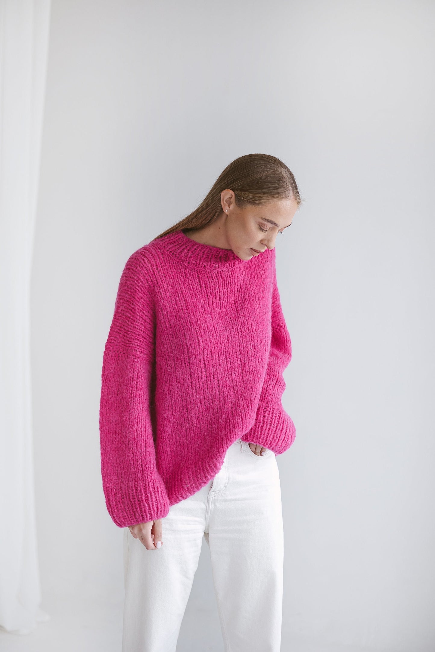 Pink Oversized Sweater, Cerise Red Knitted Jumper, Rose Pink Cable Knit Alpaca Wool Pullover, Magenta Chunky Knit Women Jersey, Gift For Her