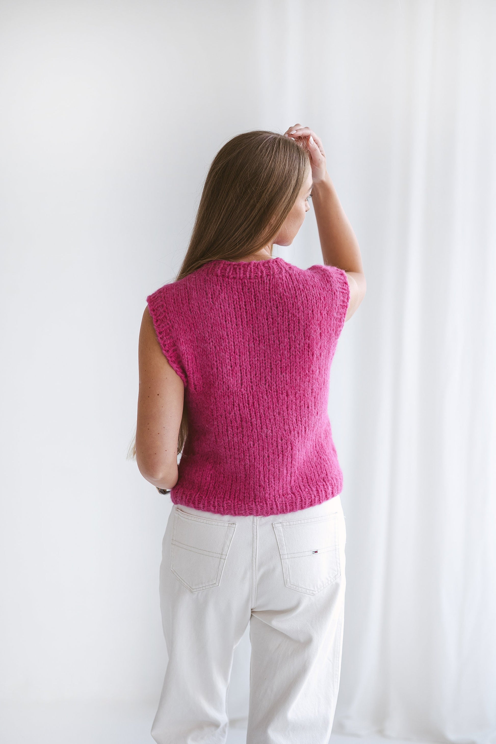 Cerise Red Knitted Vest, Rose Pink Sweater Vest, Cable Knit Alpaca Wool Knit Top, Chunky Knit Vest For Women, Ladies Relax Fit Crew Neck Top