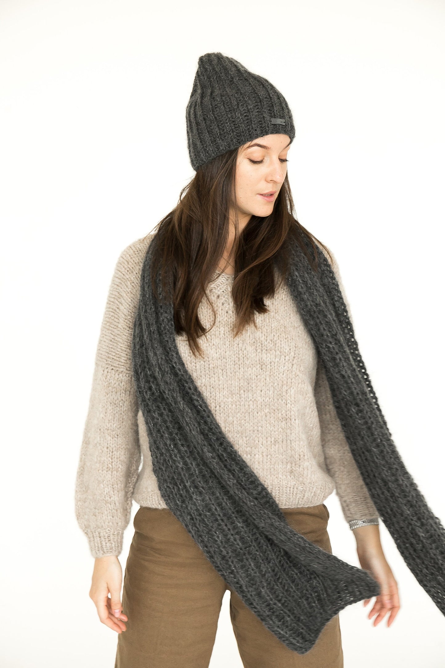 Gray knit hat and scarf set, fuzzy mohair scarf, fluffy mohair hat, alpaca slouchy beanie, knitted winter scarf, oversized scarf,chunky knit