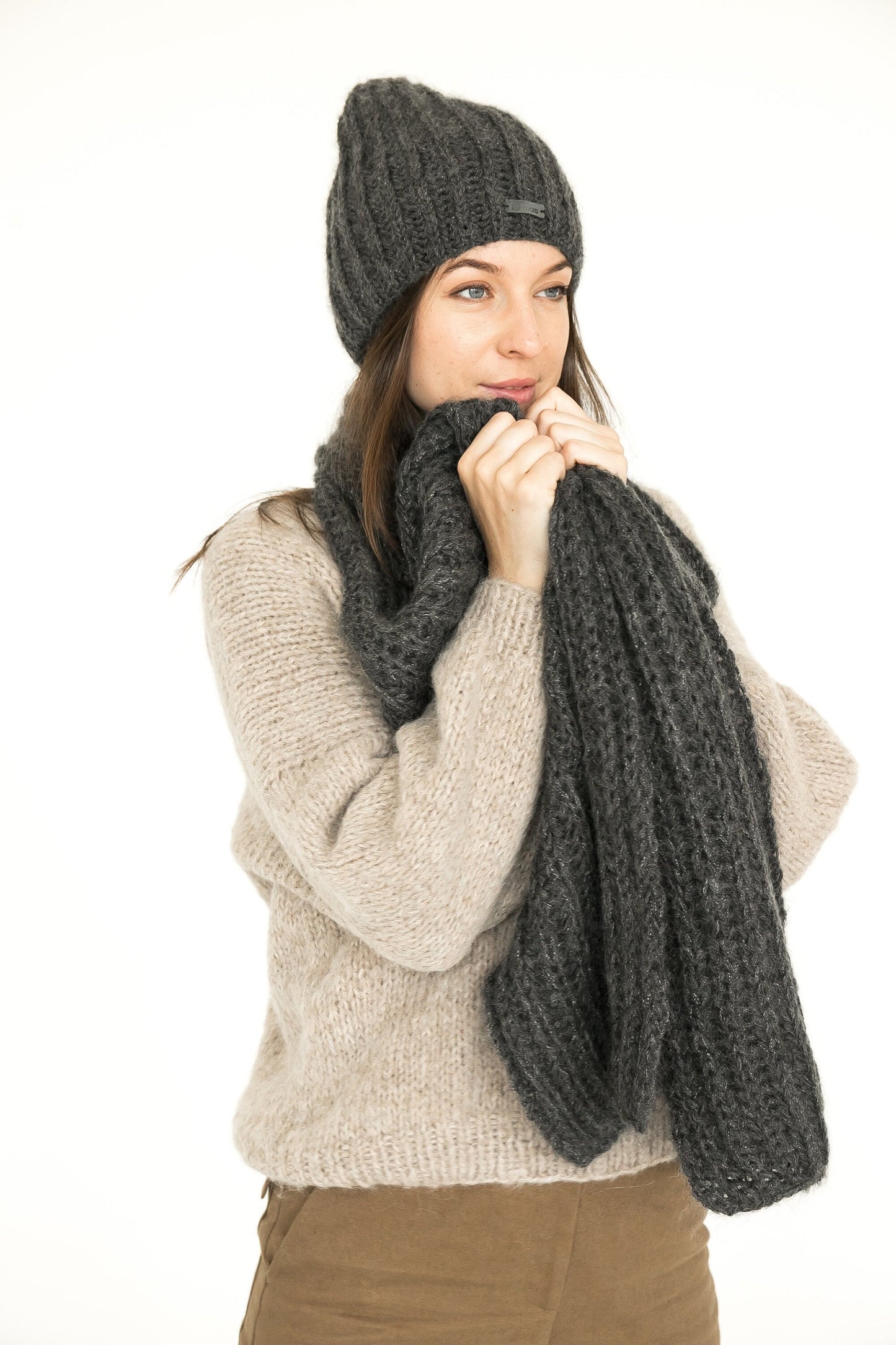 Gray knit hat and scarf set, fuzzy mohair scarf, fluffy mohair hat, alpaca slouchy beanie, knitted winter scarf, oversized scarf,chunky knit