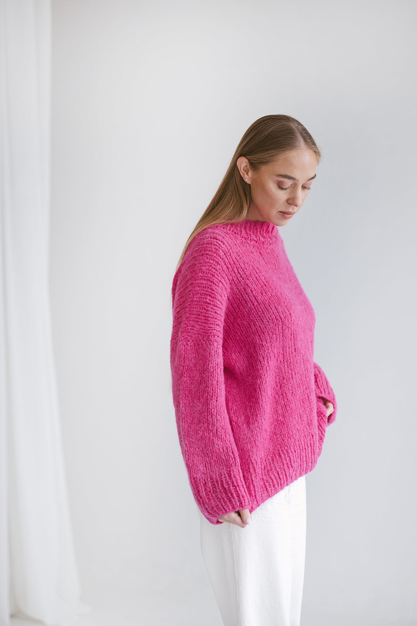 Pink Oversized Sweater, Cerise Red Knitted Jumper, Rose Pink Cable Knit Alpaca Wool Pullover, Magenta Chunky Knit Women Jersey, Gift For Her