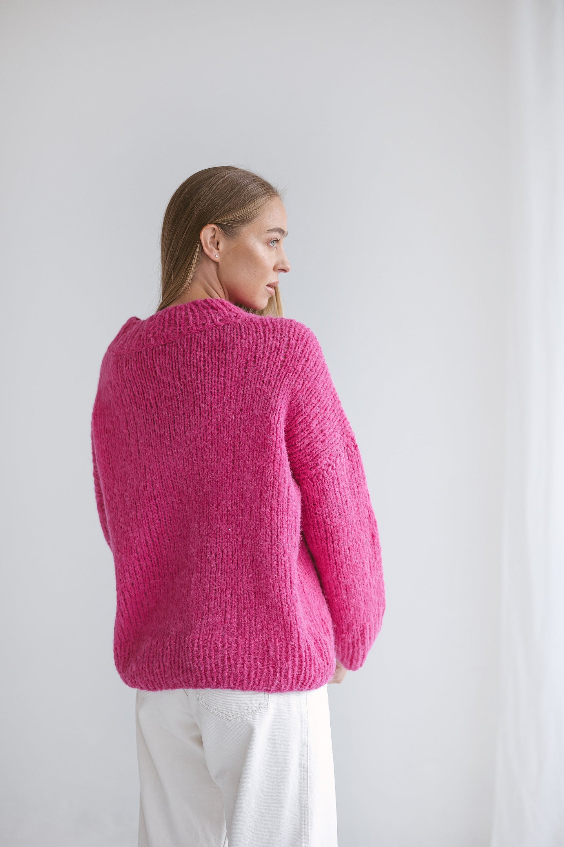 Pink Oversized Sweater, Cerise Red Knitted Jumper, Rose Pink Cable Knit Alpaca Wool Pullover, Magenta Chunky Knit Women Jersey, Gift For Her