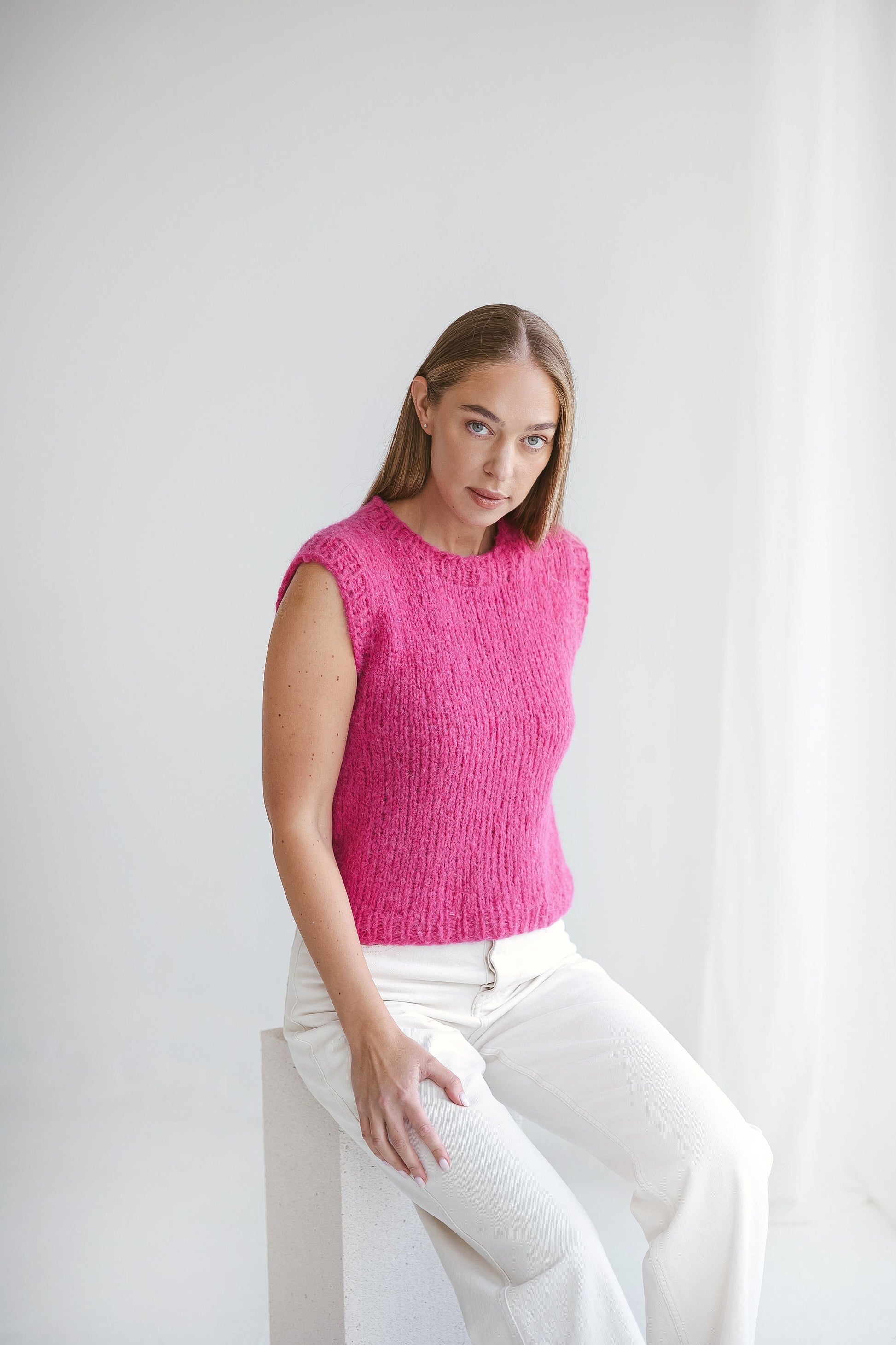 Cerise Red Knitted Vest, Rose Pink Sweater Vest, Cable Knit Alpaca Wool Knit Top, Chunky Knit Vest For Women, Ladies Relax Fit Crew Neck Top