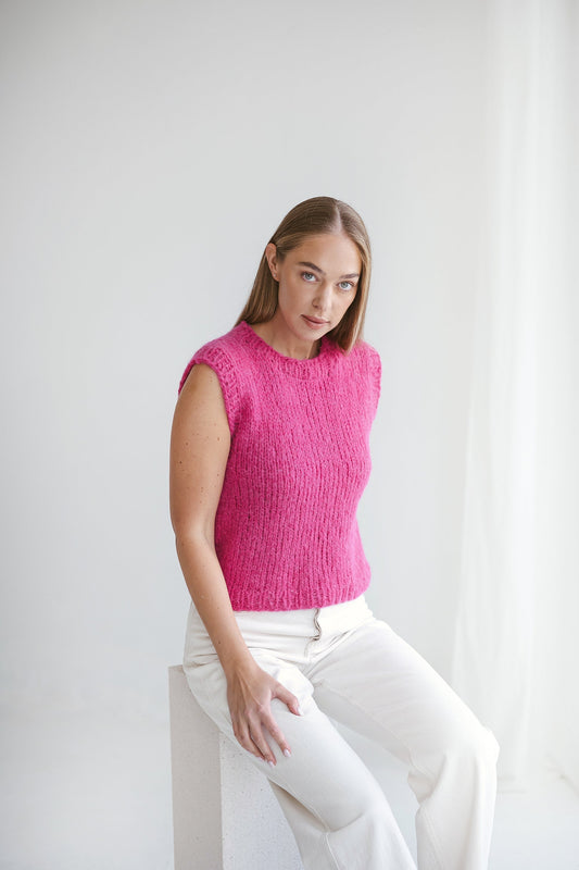 Cerise Red Knitted Vest, Rose Pink Sweater Vest, Cable Knit Alpaca Wool Knit Top, Chunky Knit Vest For Women, Ladies Relax Fit Crew Neck Top
