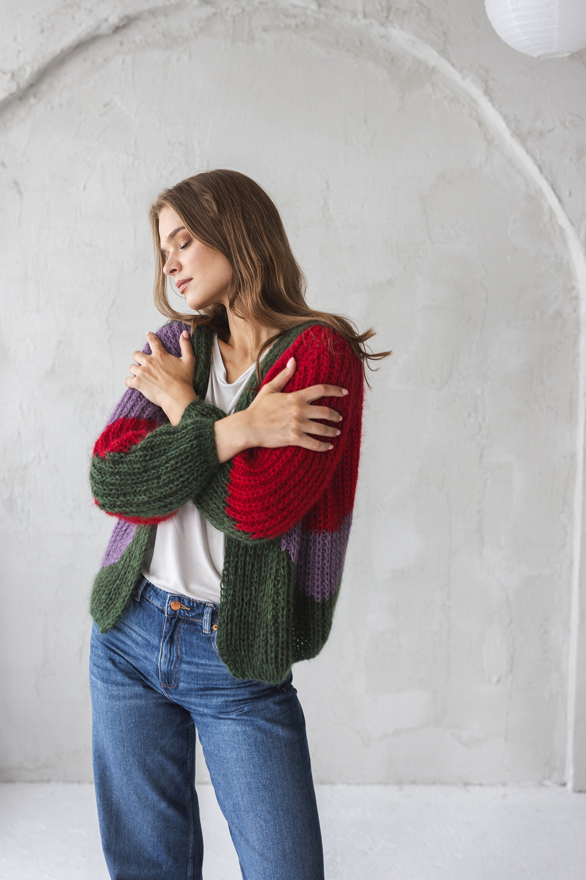 Green mohair cardigan, cable knit alpaca wool blend sweater, oversized purple fluffy bomber, red fuzzy chunky knitted cardigan, minimaliste