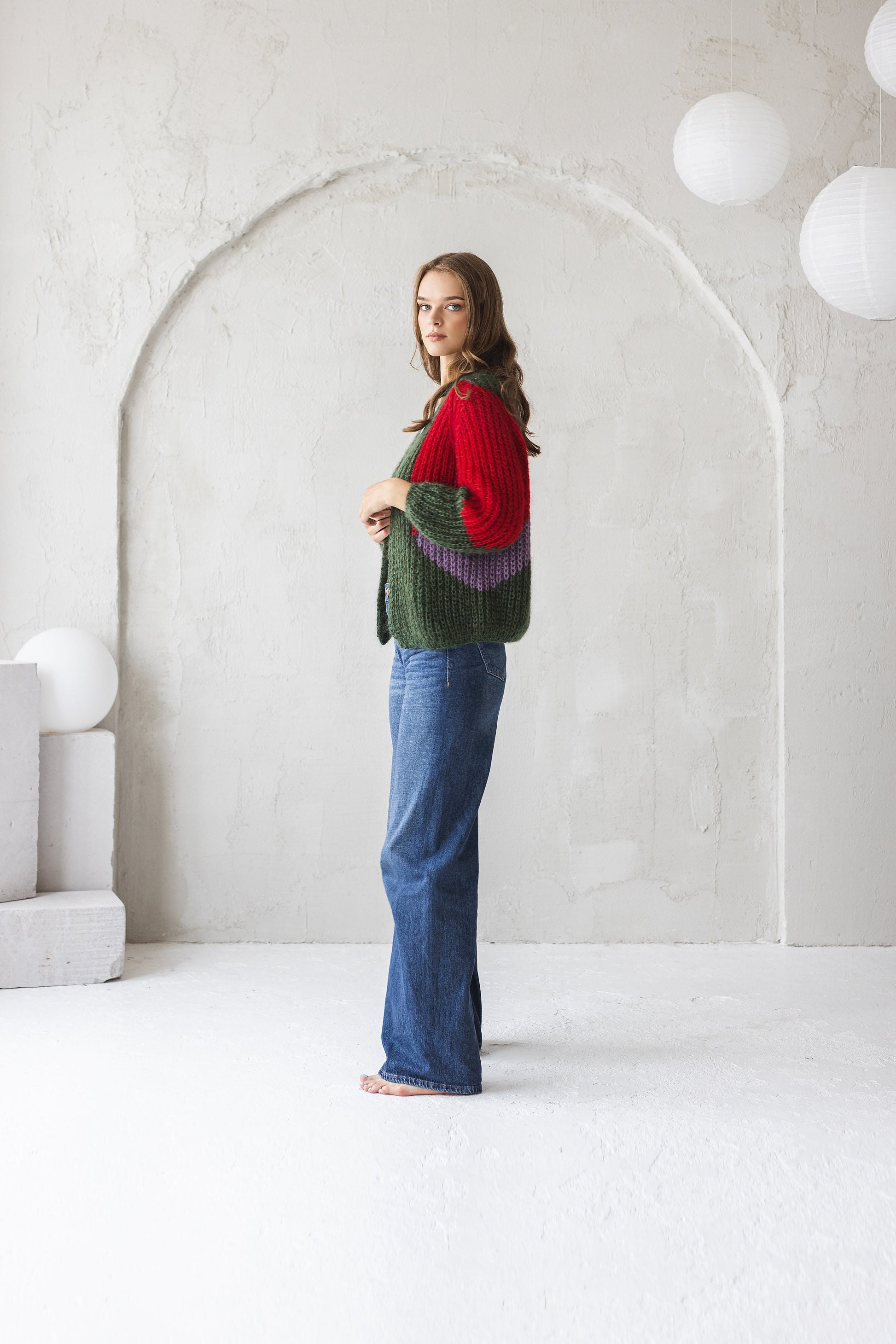 Green mohair cardigan, cable knit alpaca wool blend sweater, oversized purple fluffy bomber, red fuzzy chunky knitted cardigan, minimaliste