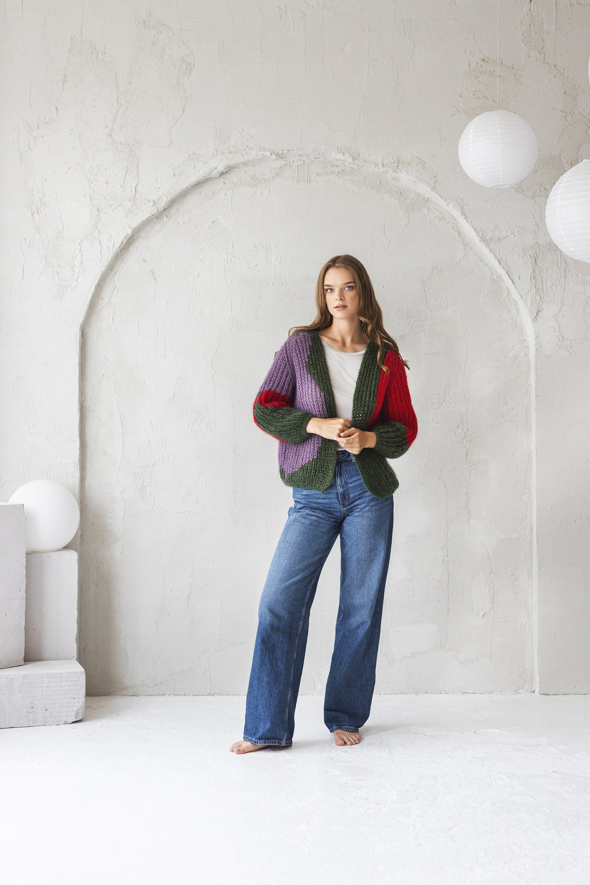 Green mohair cardigan, cable knit alpaca wool blend sweater, oversized purple fluffy bomber, red fuzzy chunky knitted cardigan, minimaliste