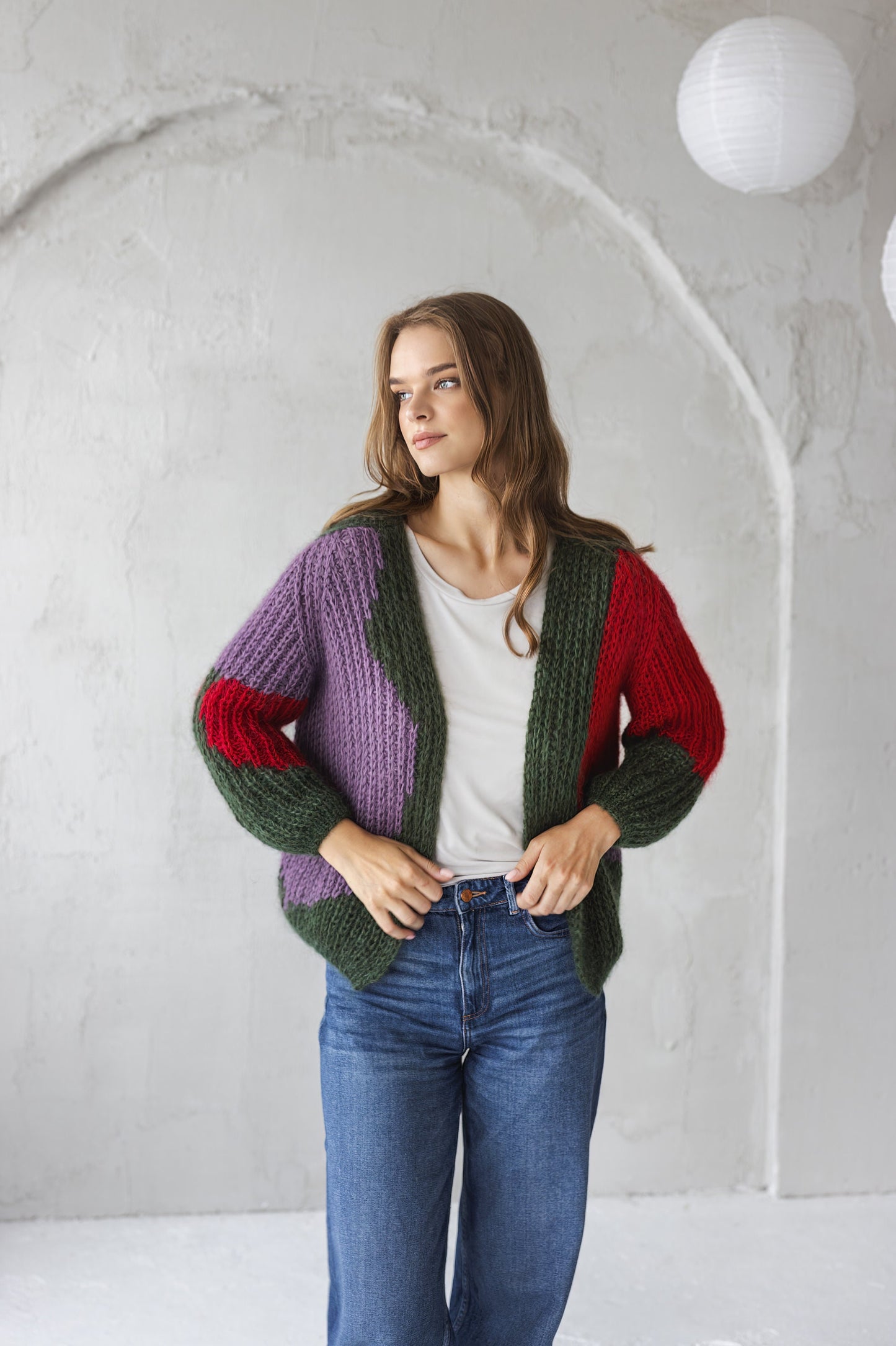 Green mohair cardigan, cable knit alpaca wool blend sweater, oversized purple fluffy bomber, red fuzzy chunky knitted cardigan, minimaliste