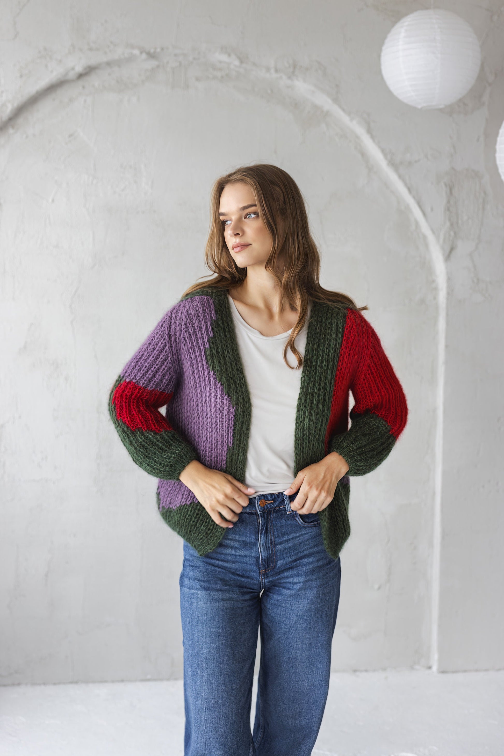 Green mohair cardigan, cable knit alpaca wool blend sweater, oversized purple fluffy bomber, red fuzzy chunky knitted cardigan, minimaliste