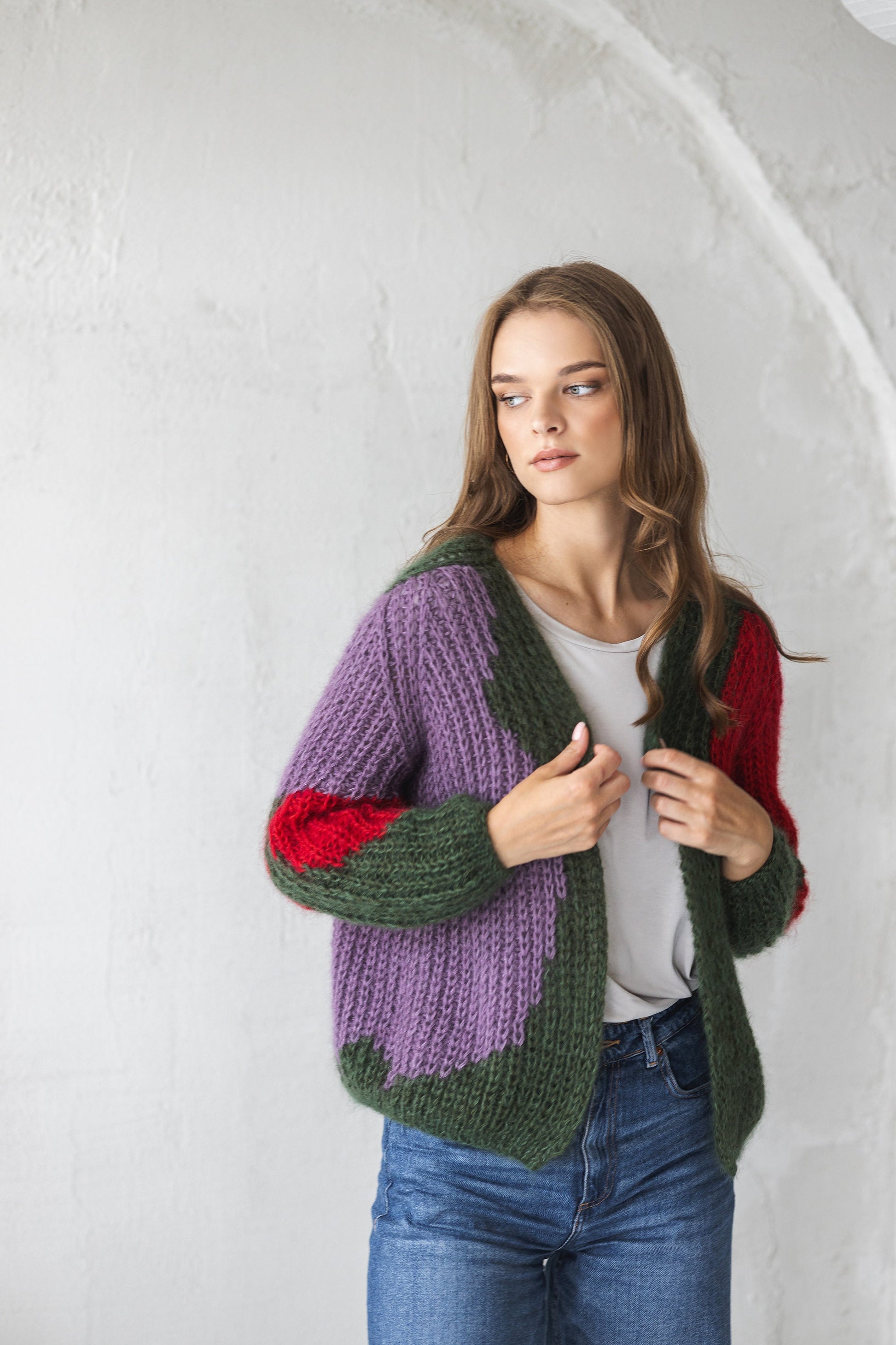 Green mohair cardigan, cable knit alpaca wool blend sweater, oversized purple fluffy bomber, red fuzzy chunky knitted cardigan, minimaliste