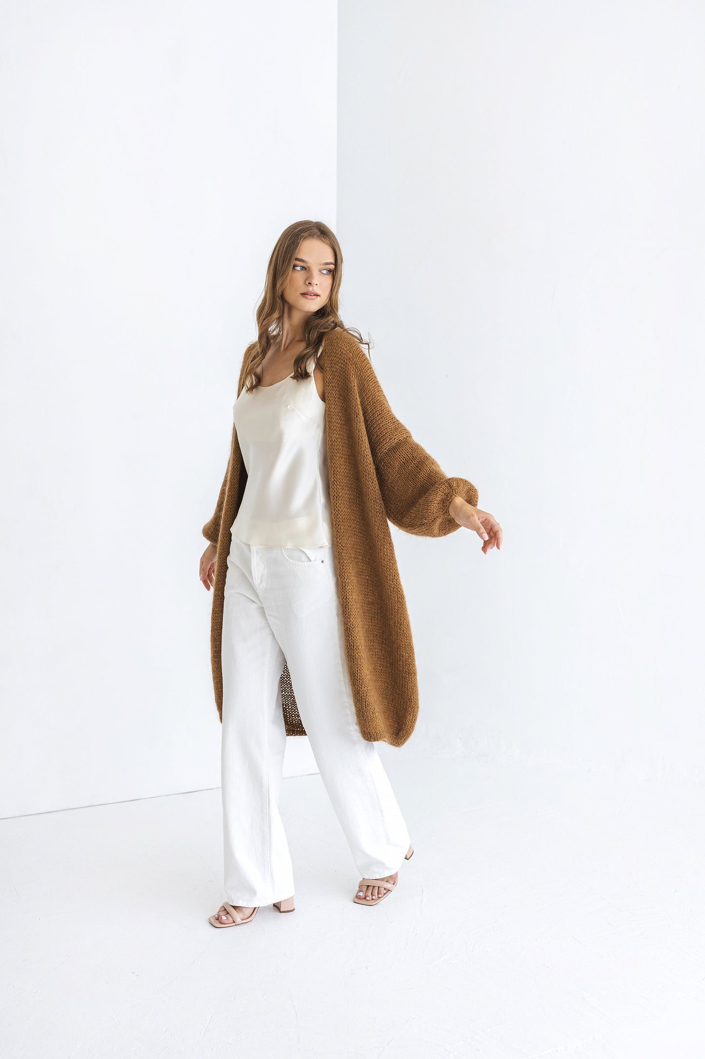 Long camel brown mohair cardigan, taupe fluffy cable knitted alpaca blend sweater, caramel chunky knitted fuzzy coat, oversized strickmantel