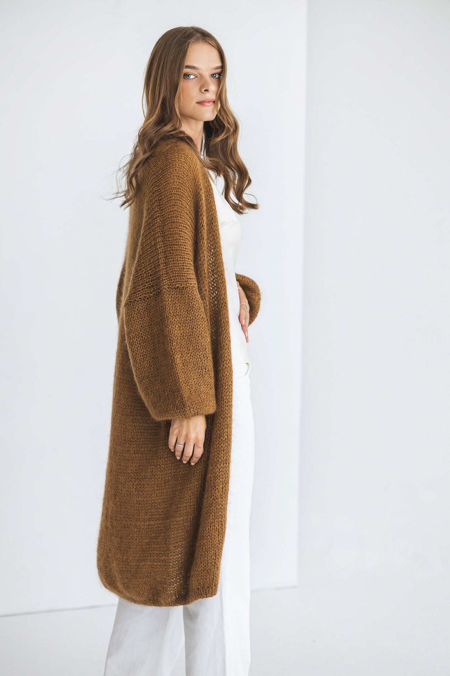 Long camel brown mohair cardigan, taupe fluffy cable knitted alpaca blend sweater, caramel chunky knitted fuzzy coat, oversized strickmantel