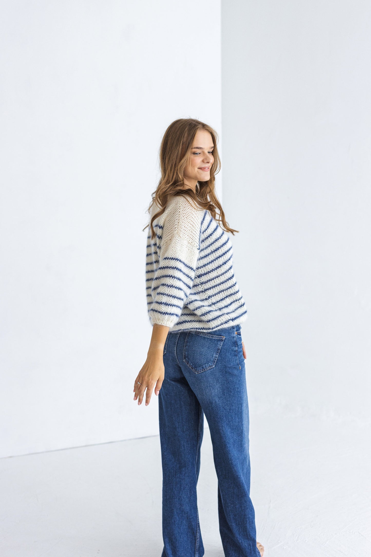 Striped white and blue mohair sweater, cable knit alpaca wool blend woman jumper, hand knitted slightly oversized pullover, fluffy mohair