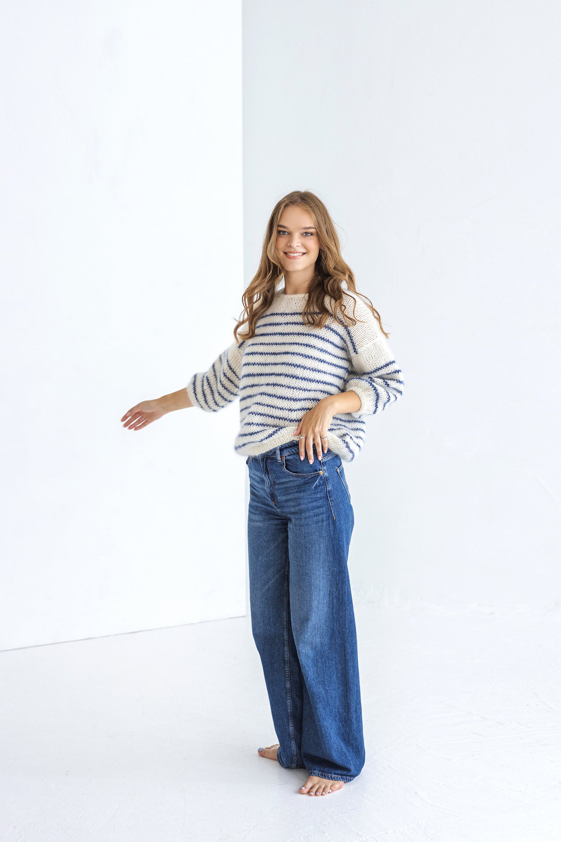 Striped white and blue mohair sweater, cable knit alpaca wool blend woman jumper, hand knitted slightly oversized pullover, fluffy mohair