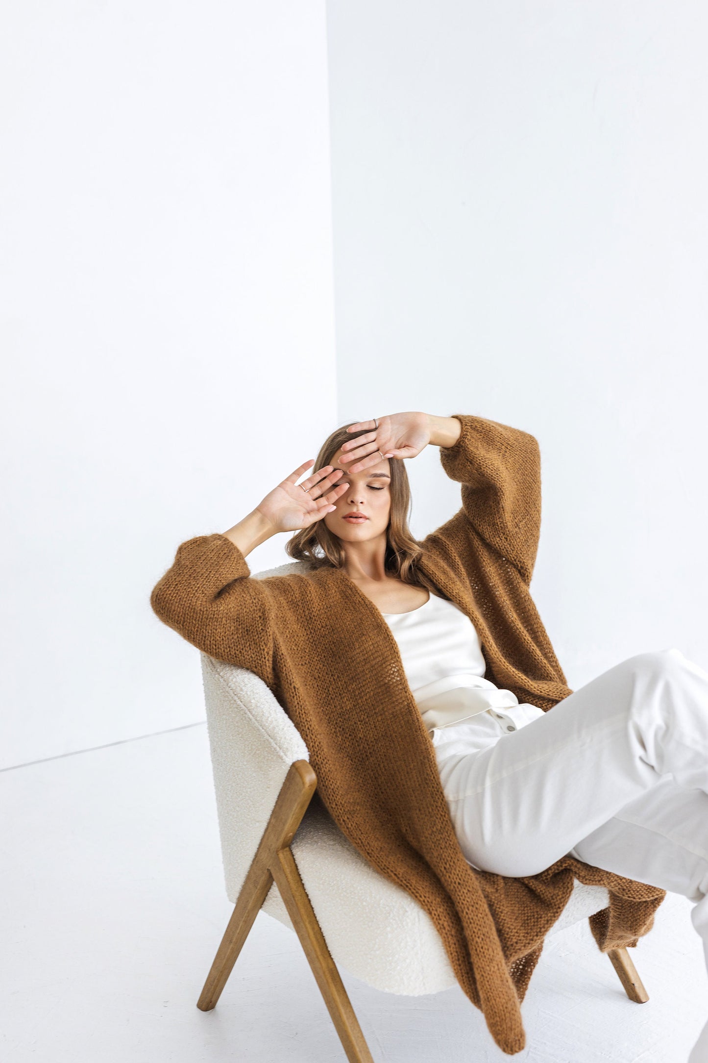 Long camel brown mohair cardigan, taupe fluffy cable knitted alpaca blend sweater, caramel chunky knitted fuzzy coat, oversized strickmantel