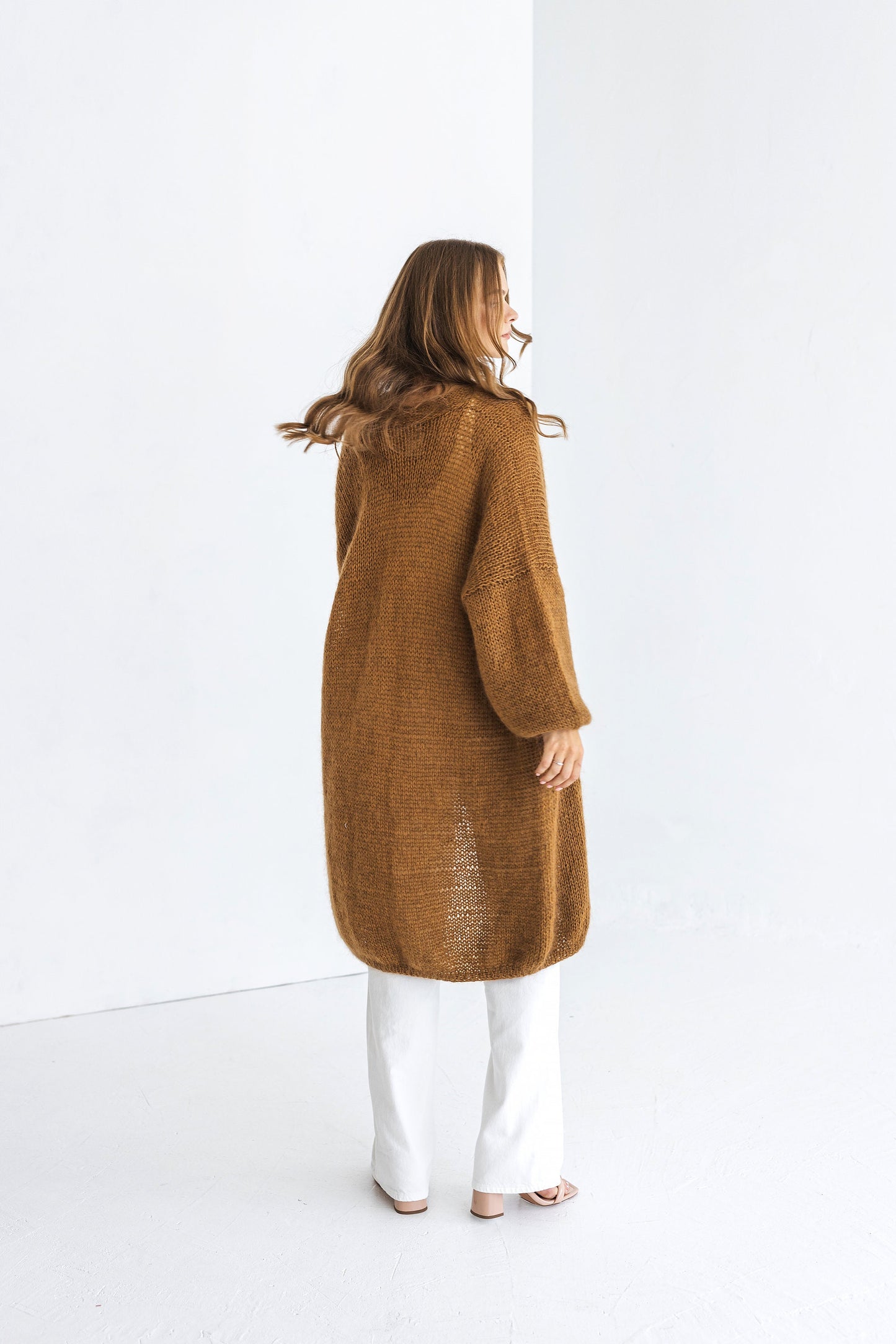 Long camel brown mohair cardigan, taupe fluffy cable knitted alpaca blend sweater, caramel chunky knitted fuzzy coat, oversized strickmantel