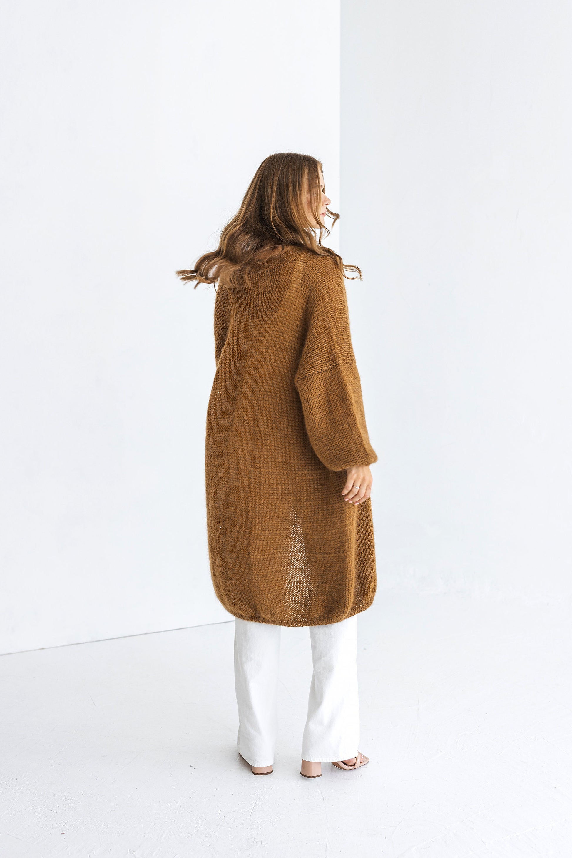 Long camel brown mohair cardigan, taupe fluffy cable knitted alpaca blend sweater, caramel chunky knitted fuzzy coat, oversized strickmantel