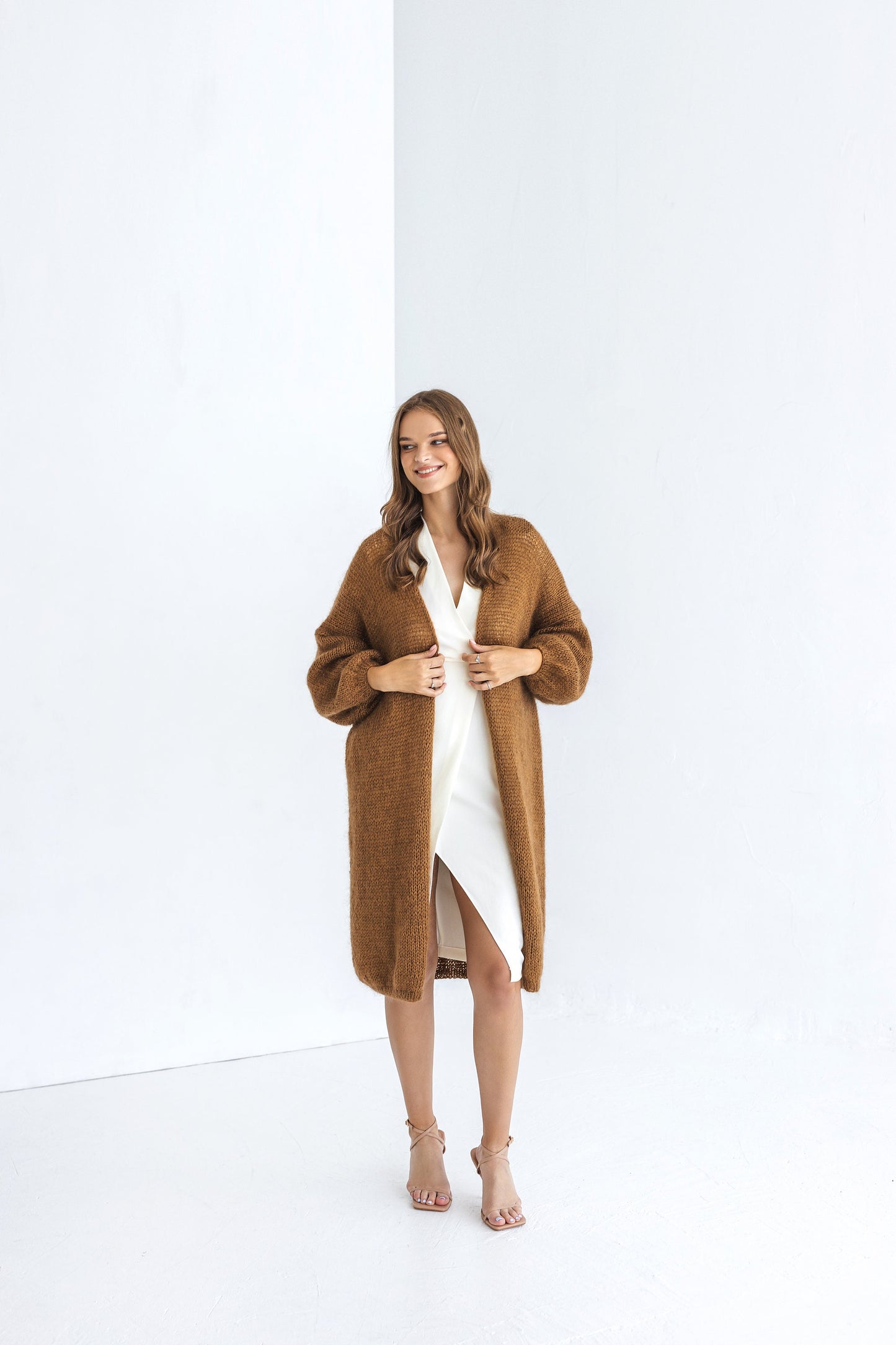 Long camel brown mohair cardigan, taupe fluffy cable knitted alpaca blend sweater, caramel chunky knitted fuzzy coat, oversized strickmantel