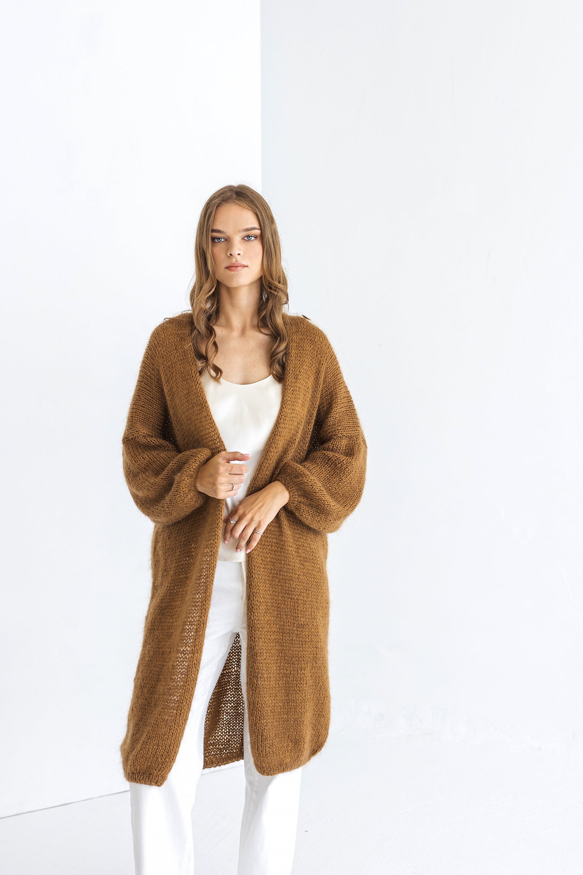 Long camel brown mohair cardigan, taupe fluffy cable knitted alpaca blend sweater, caramel chunky knitted fuzzy coat, oversized strickmantel