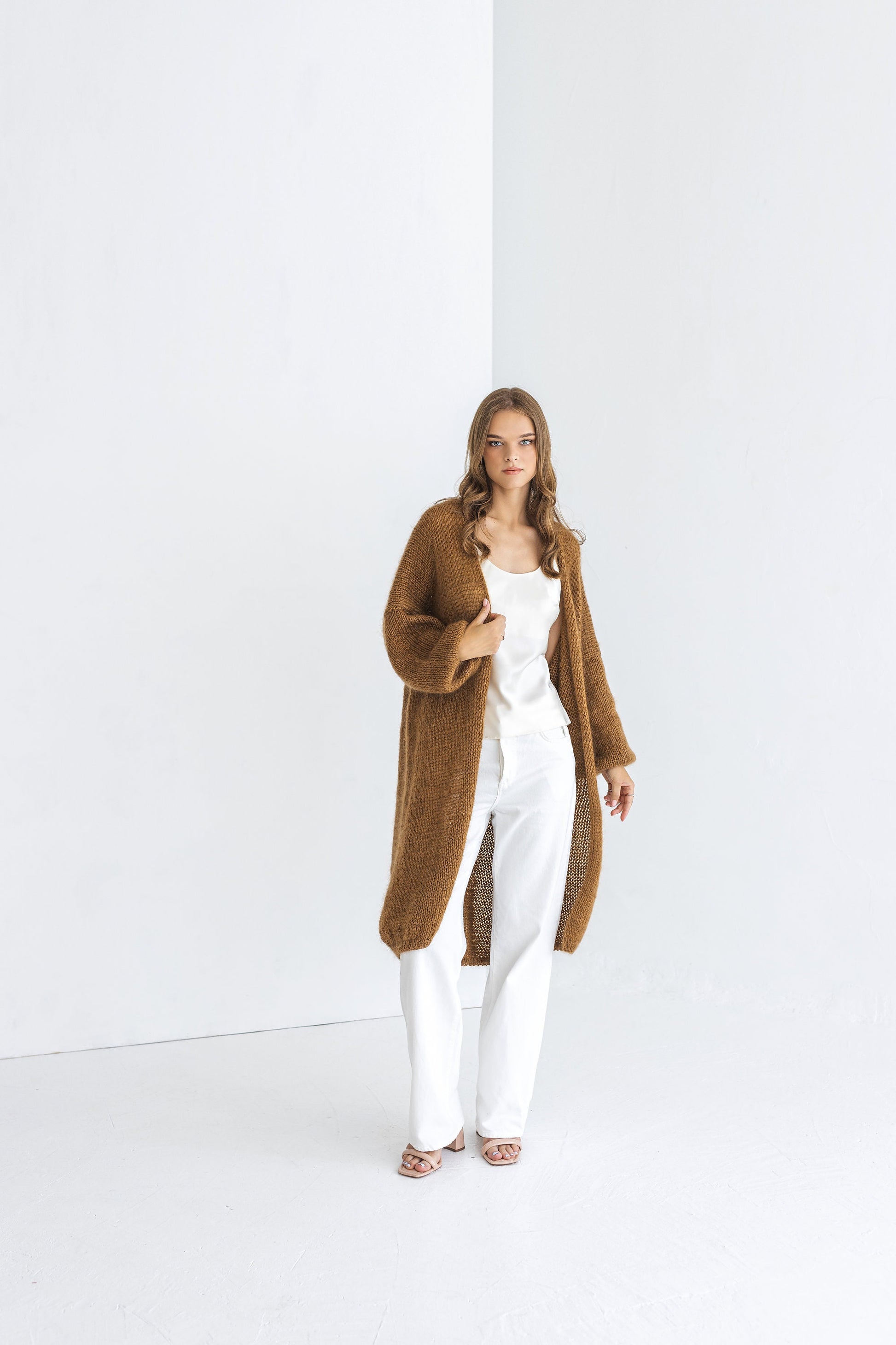 Long camel brown mohair cardigan, taupe fluffy cable knitted alpaca blend sweater, caramel chunky knitted fuzzy coat, oversized strickmantel