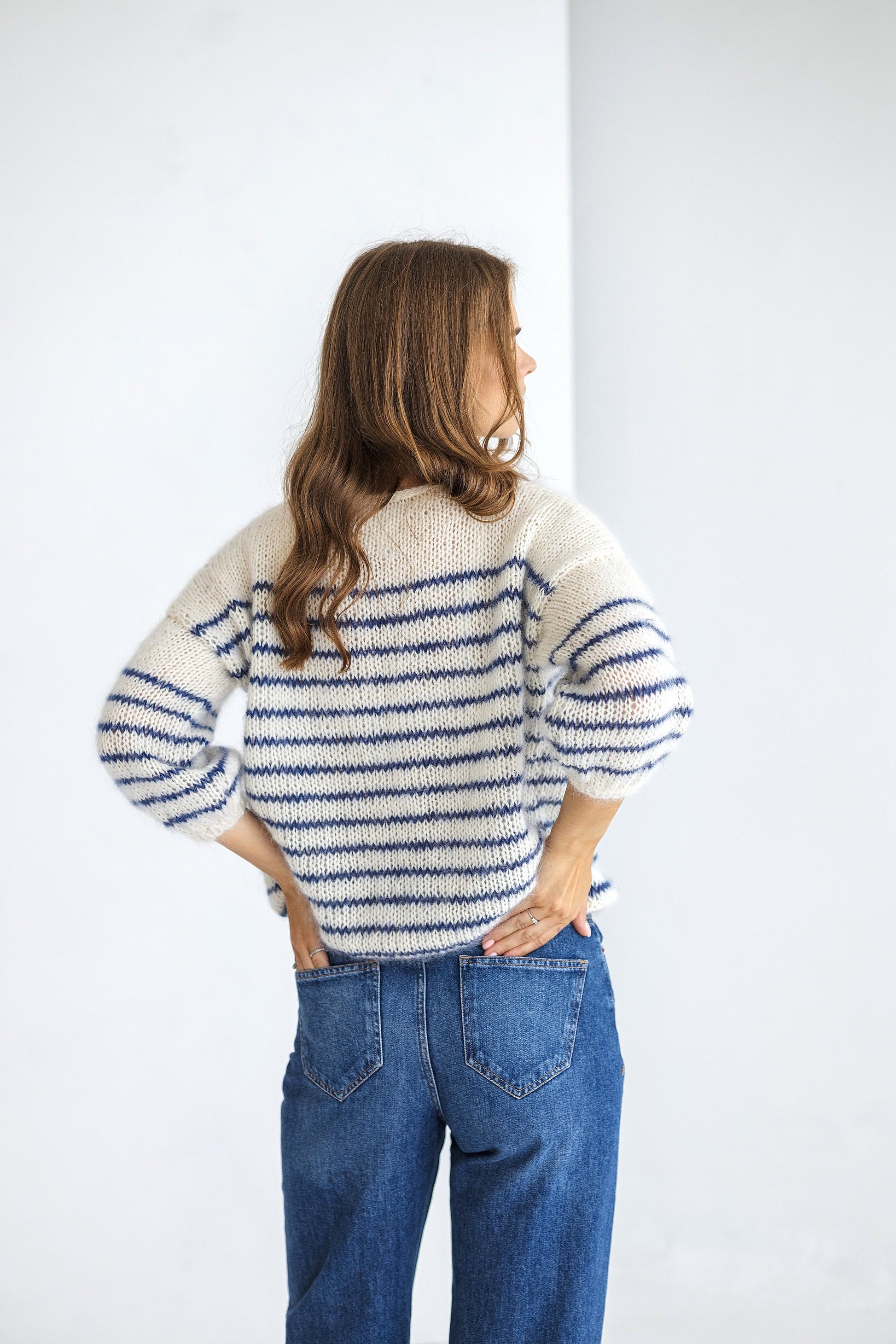Striped white and blue mohair sweater, cable knit alpaca wool blend woman jumper, hand knitted slightly oversized pullover, fluffy mohair