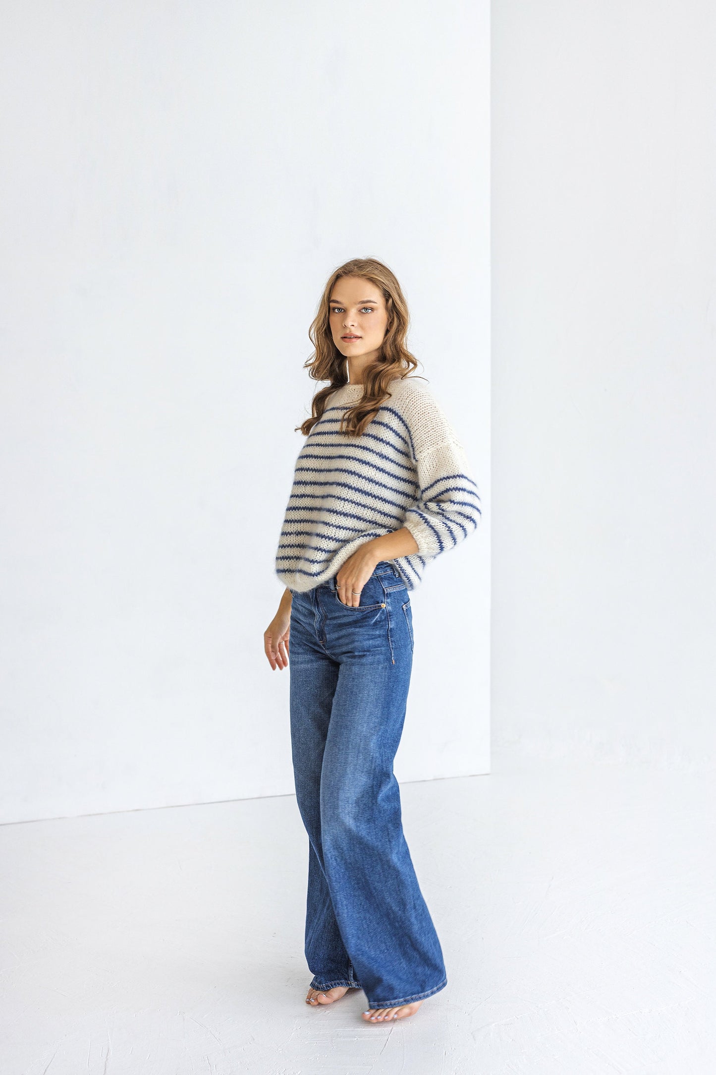 Striped white and blue mohair sweater, cable knit alpaca wool blend woman jumper, hand knitted slightly oversized pullover, fluffy mohair