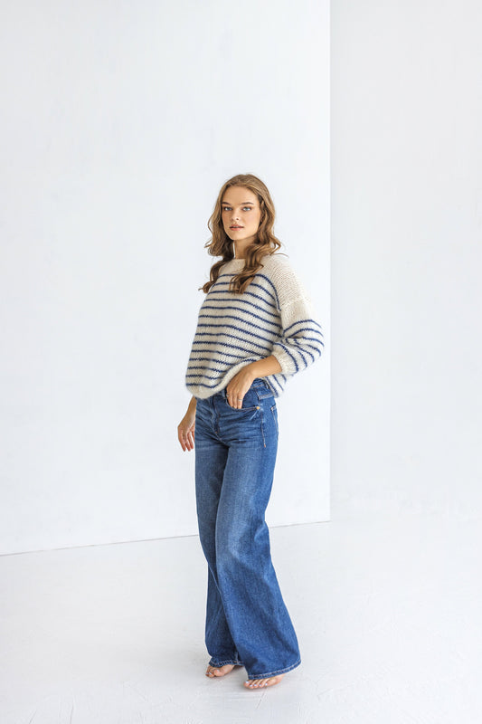 Striped white and blue mohair sweater, cable knit alpaca wool blend woman jumper, hand knitted slightly oversized pullover, fluffy mohair