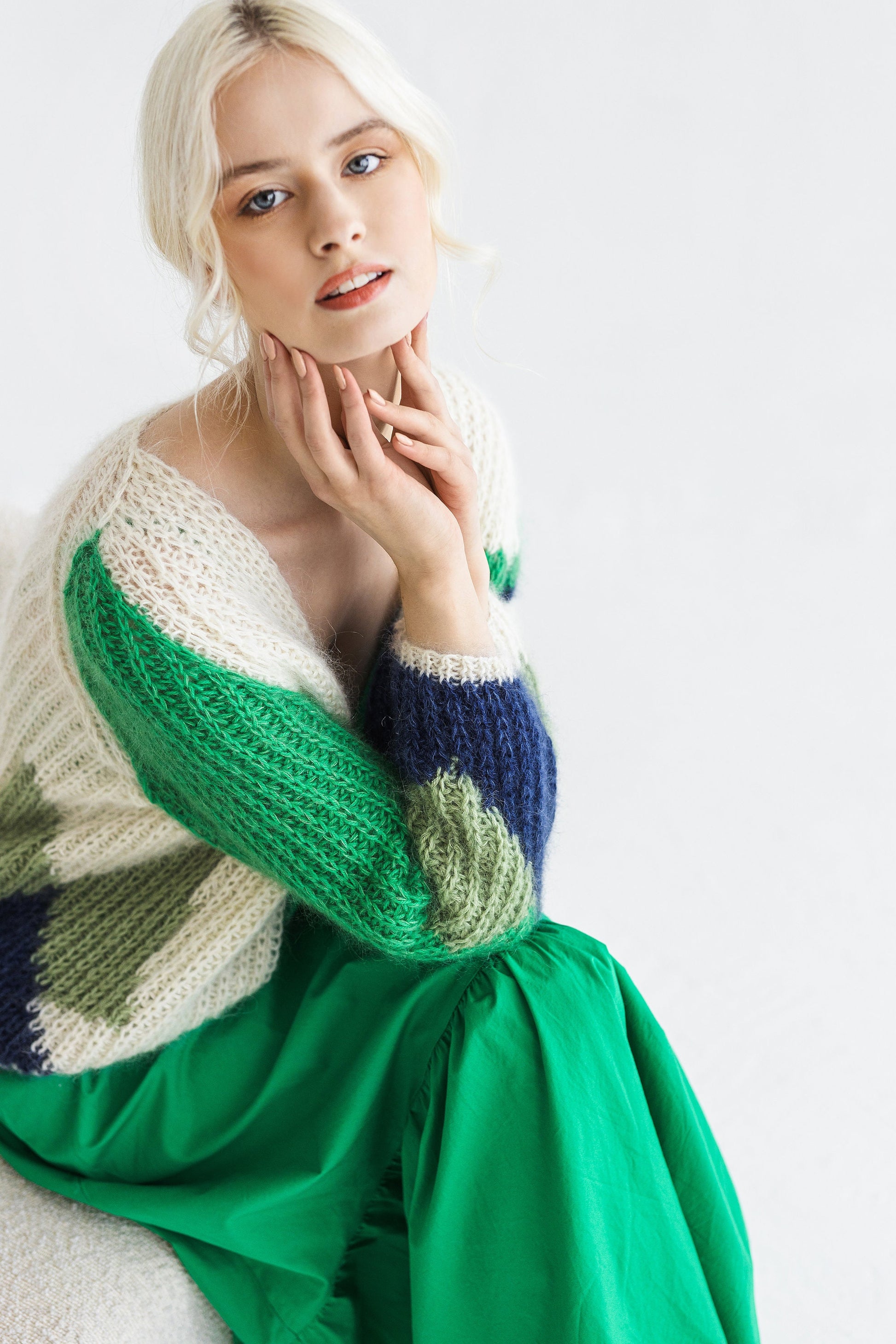 White mohair cardigan, cable knit alpaca wool blend sweater, oversized purple coloured fluffy bomber, green multicolor fuzzy chunky knitted