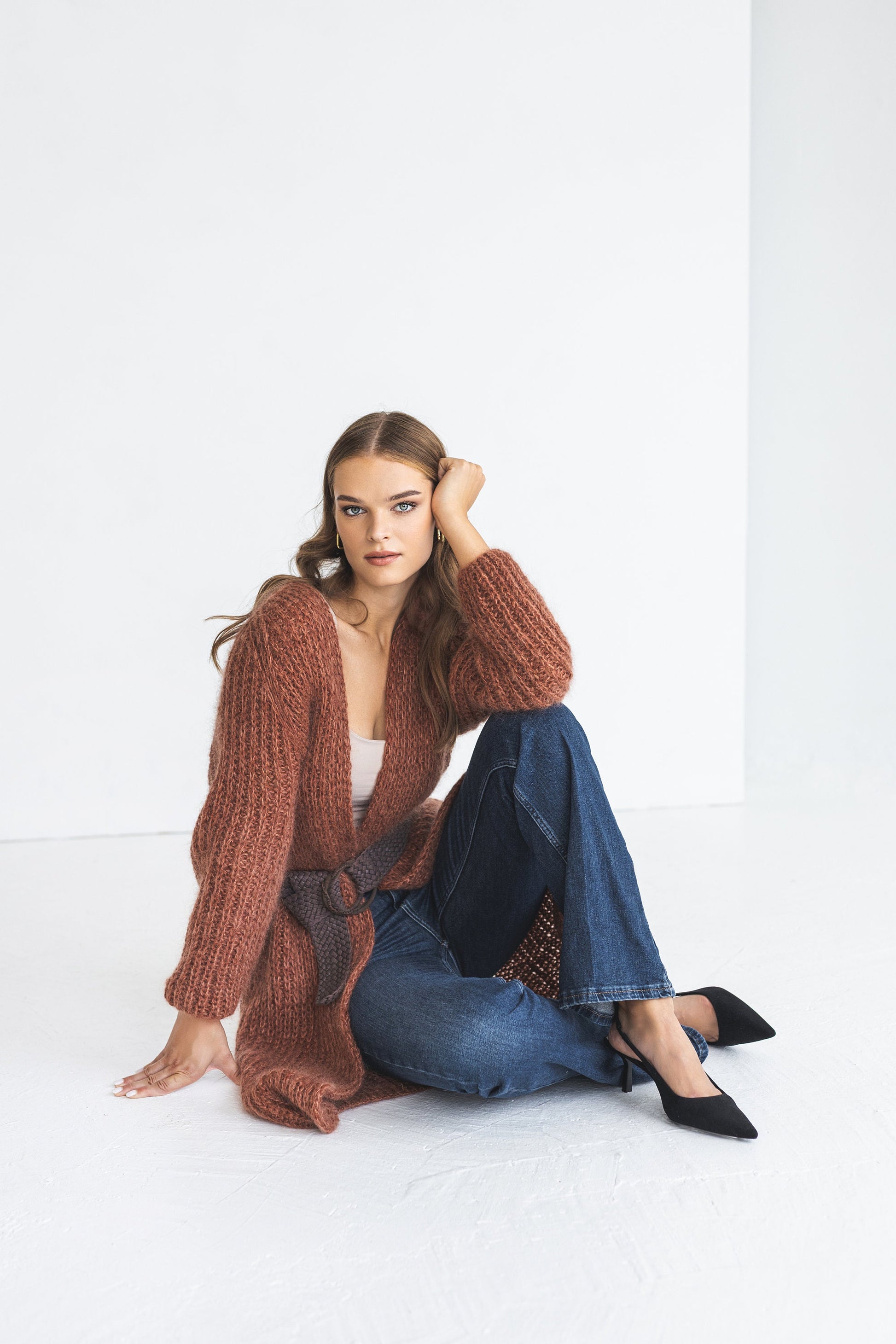 Long rust mohair cardigan