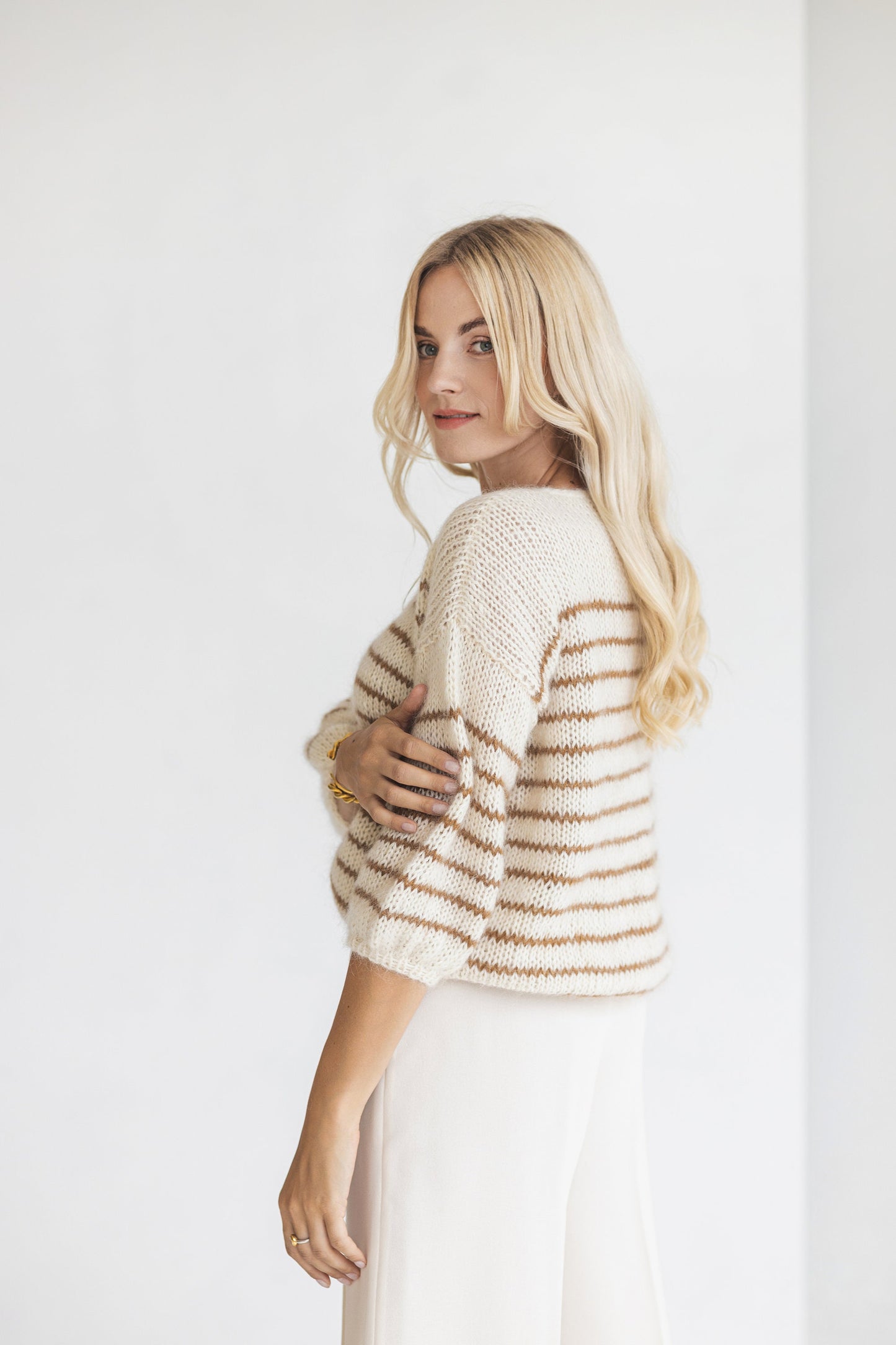 Striped white and blue mohair sweater, cable knit alpaca wool blend woman jumper, hand knitted slightly oversized pullover, fluffy mohair