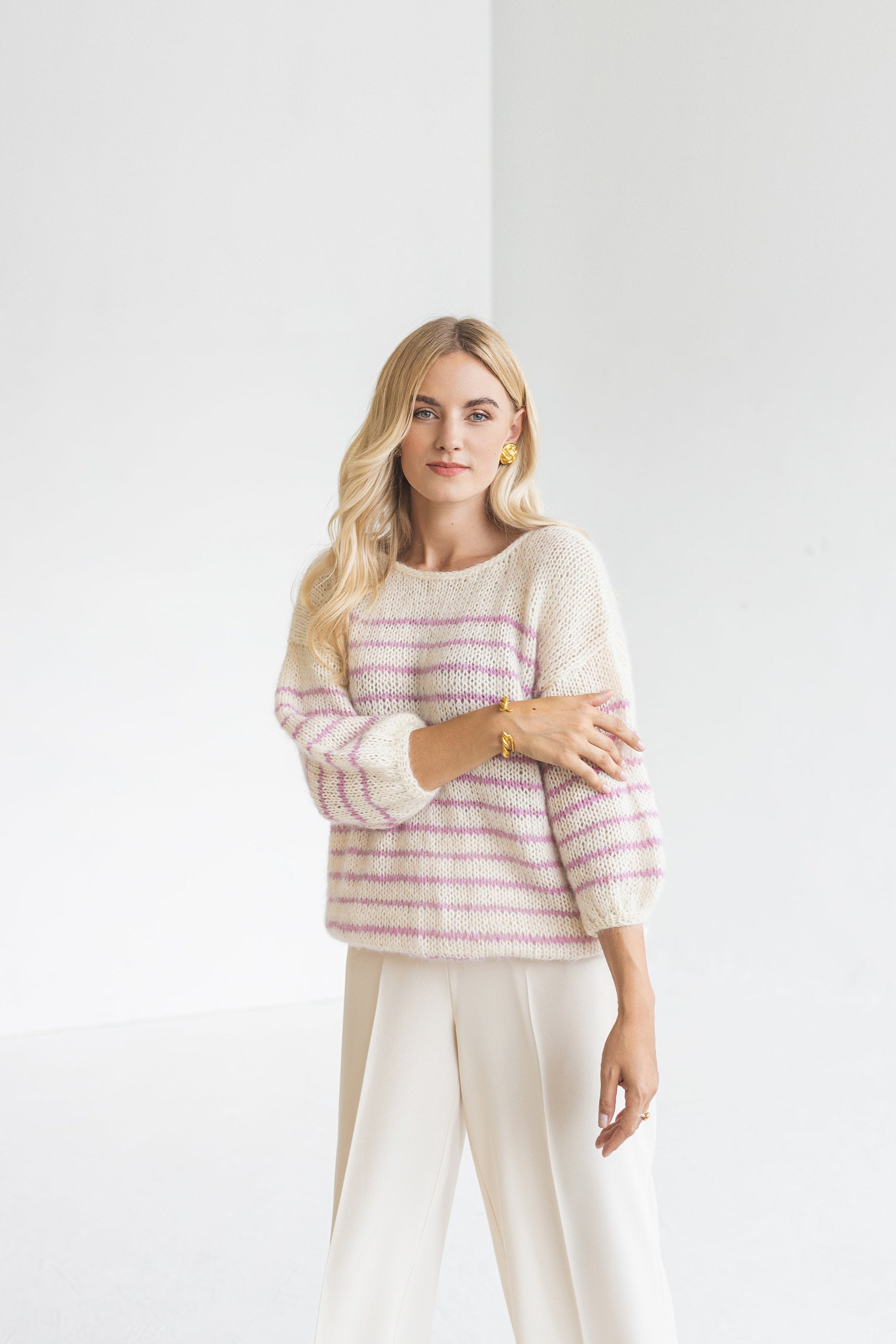 White and pink striped sweater