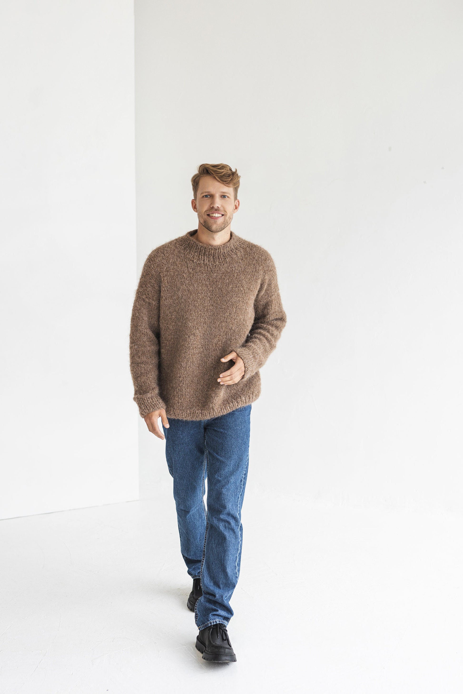 Men&#39;s knitted brown alpaca wool sweater, camel cable knit jumper for man, beige minimalist men pullover, gift for him, hand made winter pull