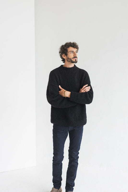 Men&#39;s knitted black alpaca wool sweater, camel cable knit jumper for man, minimalist men pullover, gift for him, hand made thick winter pull